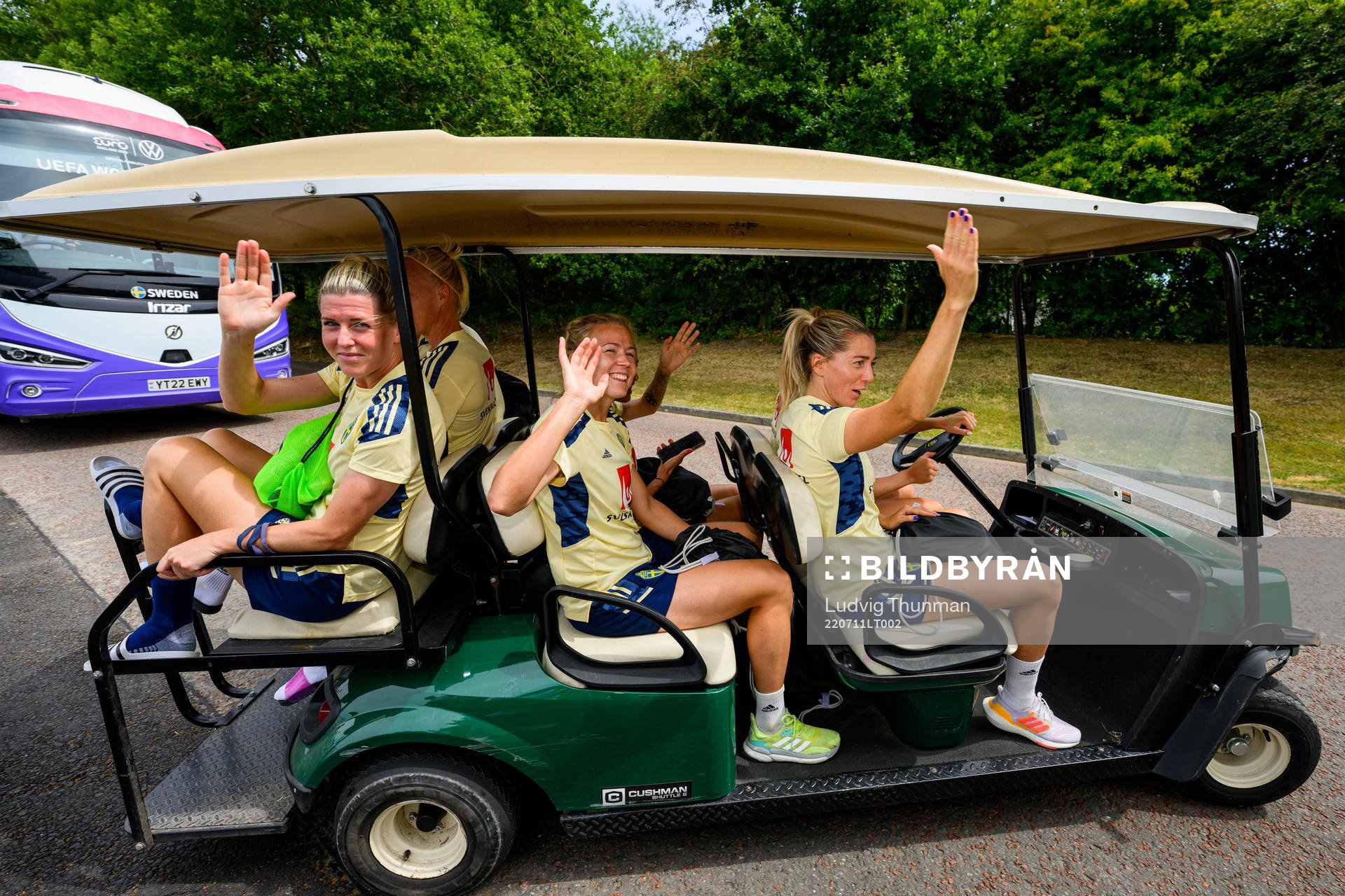Olivia Schough, Hanna Glas and Linda Sembrant of the Swedish women's national football team rides a golf cart from a training session during the UEFA Women's Euro 2022 Championship on July 11, 2022 in Chester.