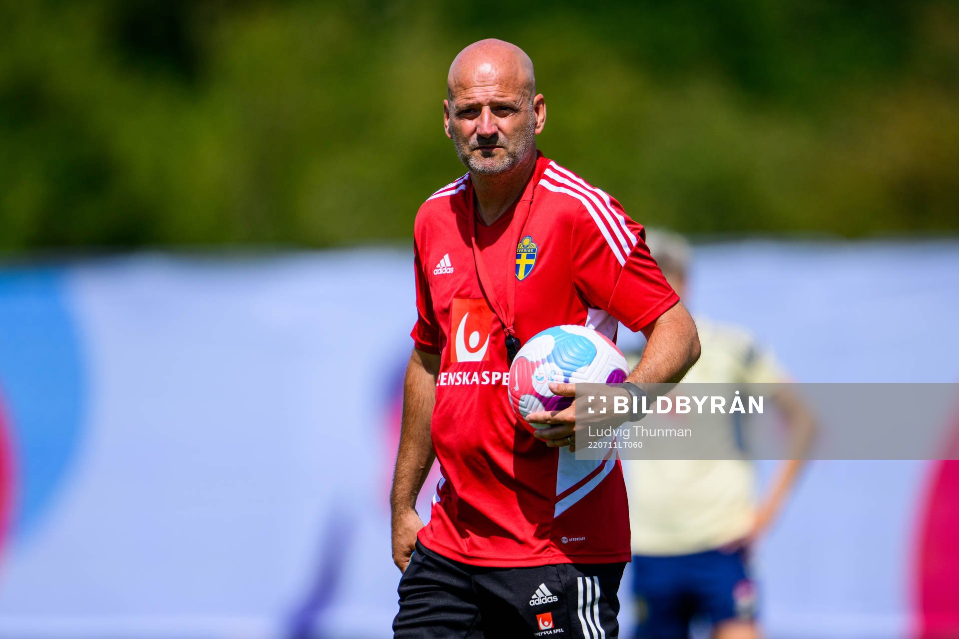 Magnus Wikman, assistant coach of the Swedish women's national football team at a training session during the UEFA Women's Euro 2022 Championship on July 11, 2022 in Chester.