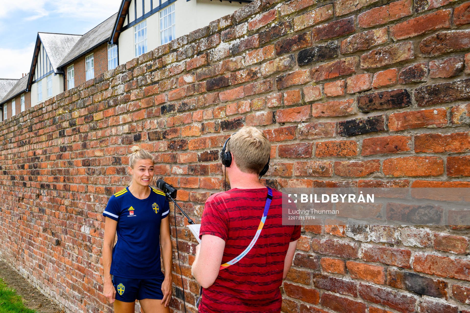 Fridolina Rolfö of the Swedish women's national football team is interviewed by Swedish Radio at a press event during the UEFA Women's Euro 2022 Championship on July 11, 2022 in Chester.