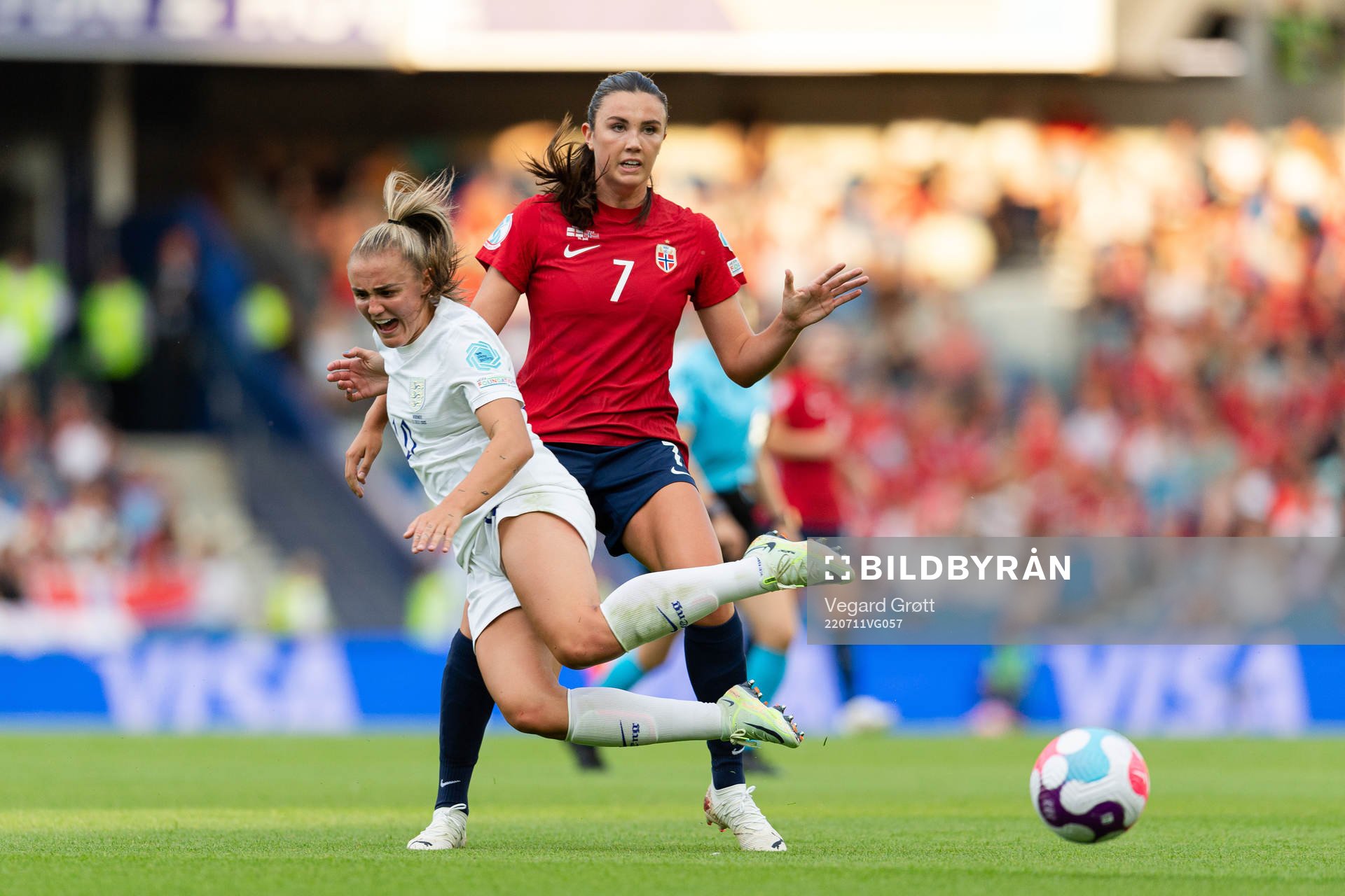 Georgia Stanway of England and Ingrid Syrstad Engen of Norway during the UEFA Women's Euro 2022 group stage match between England and Norway on July 11, 2022 in Brighton.