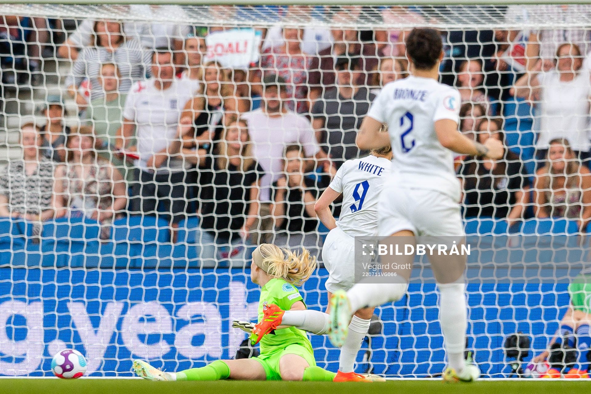 Ellen White of England scores the 3-0 goal behind