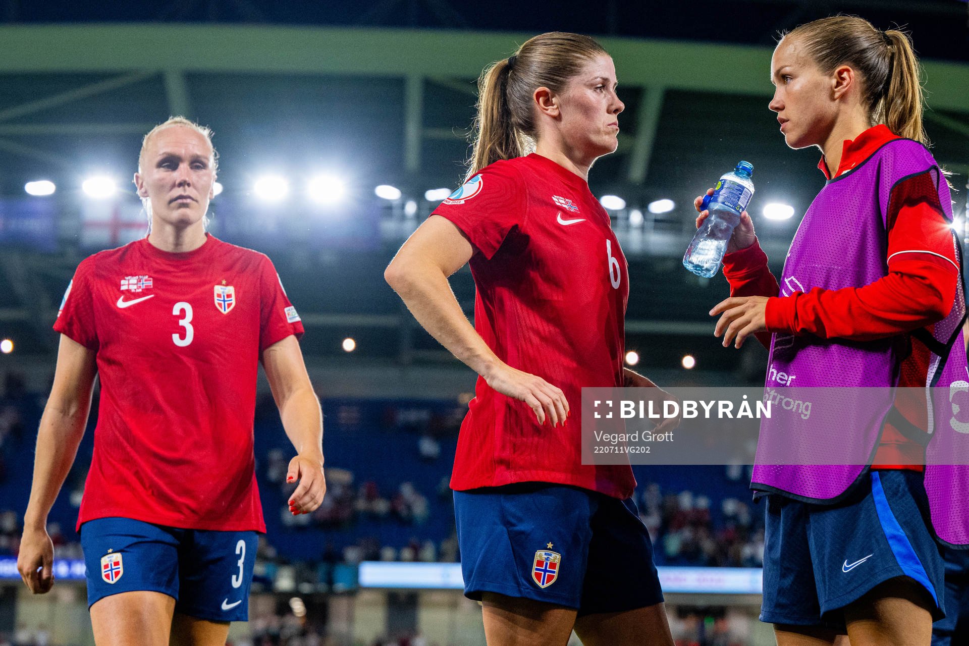 Maria Thorisdottir, Maren Mjelde and Guro Reiten of Norway