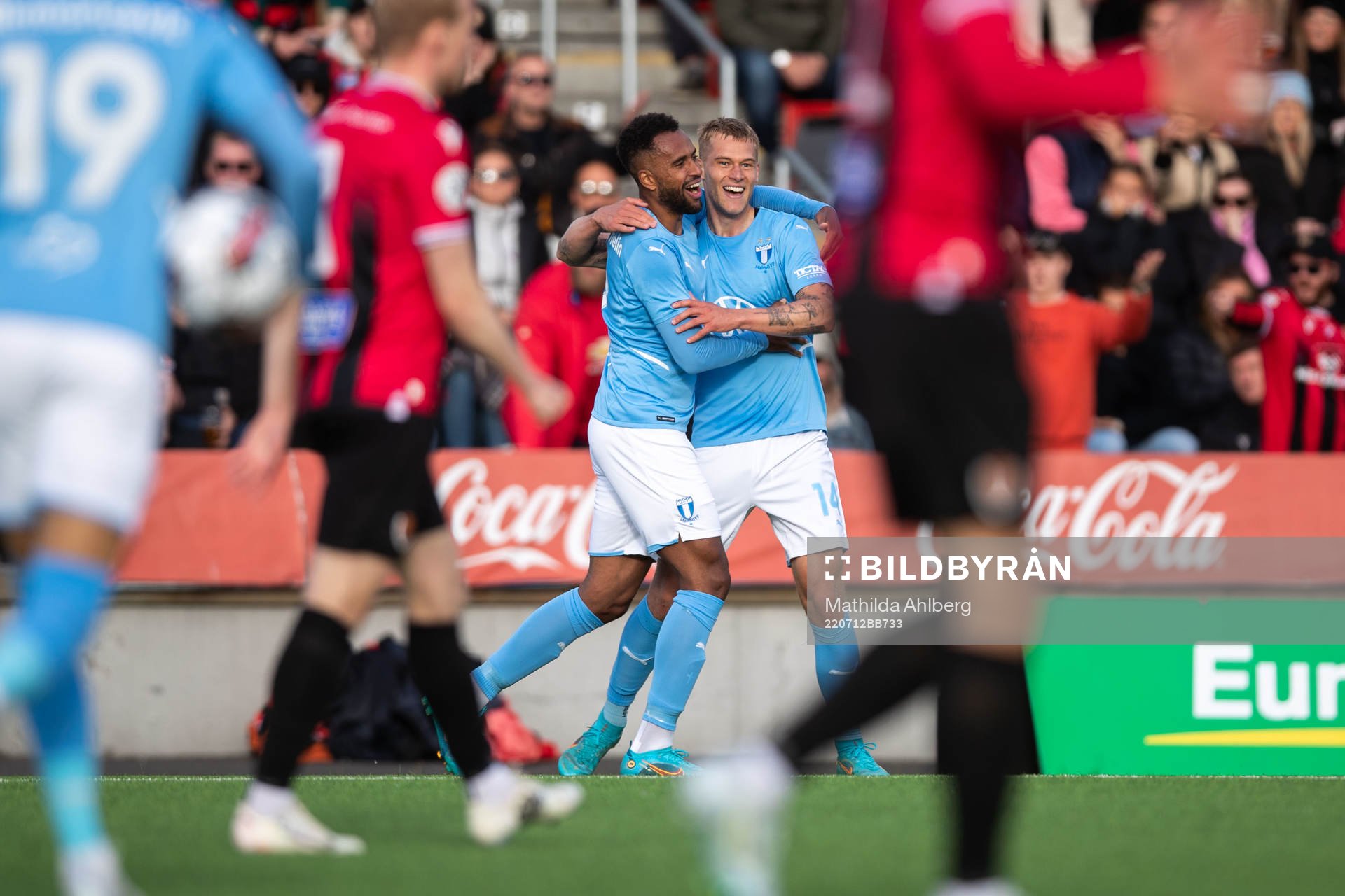 Isaac Kiese Thelin and Felix Beijmo of Malmö FF celebrate after 2-1 during the UEFA Champions League qualifying match between Vikingur and Malmö FF on July 12, 2022 in Reykjavik.