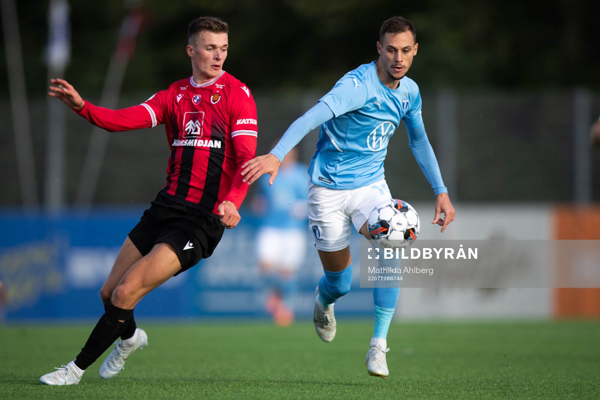 Karl Fridleifur Gunnarsson of Vikingur and Veljko Birmancevic of Malmö FF during the UEFA Champions League qualifying match between Vikingur and Malmö FF on July 12, 2022 in Reykjavik. 
