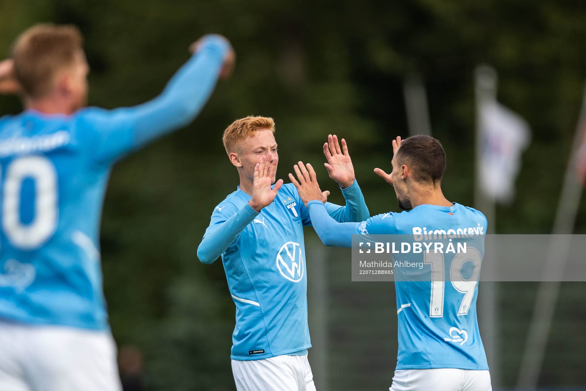 Hugo Larsson and Veljko Birmancevic of Malmö FF celebrate