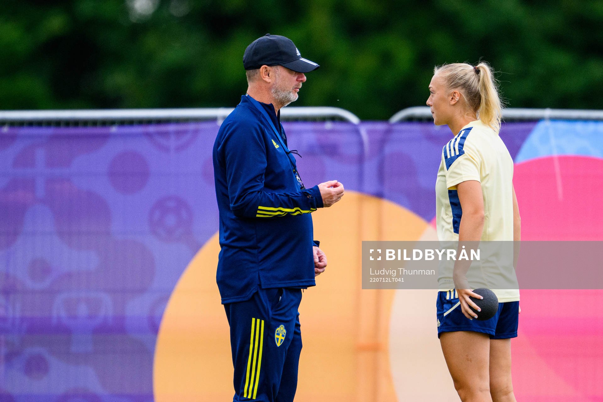 Peter Gerhardsson, head coach and Hanna Bennison of the Swedish women's national football team at a training session during the UEFA Women's Euro 2022 Championship on July 12, 2022 in Chester.