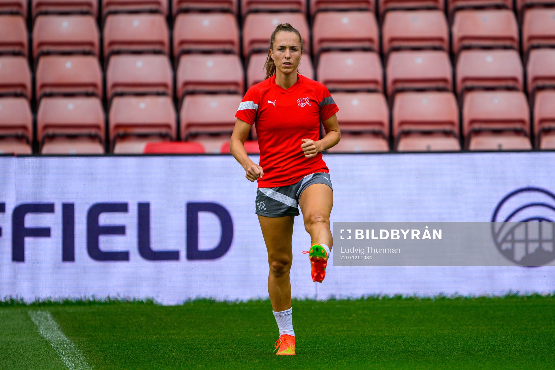 Lia Wälti of the Swiss women's national football team at a training session during the UEFA Women's Euro 2022 Championship on July 12, 2022 in Sheffield.