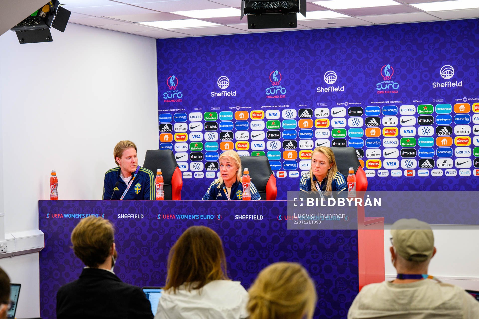 Fredrik Madestam, press officer, Caroline Seger and Magdalena Eriksson of the Swedish women's national football team at a press conference during the UEFA Women's Euro 2022 Championship on July 12, 2022 in Sheffield.