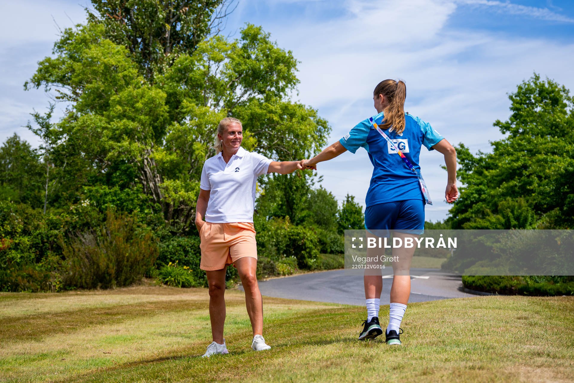 Solveig Gulbrandsen of TV 2 and Maren Mjelde of the Norwegian national football team at a press event during the UEFA Women's Euro 2022 Championship on July 12, 2022 in Uckfield.
