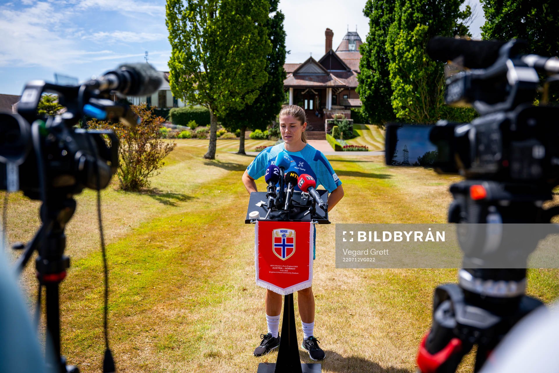 Maren Mjelde of the Norwegian national football team at a press event during the UEFA Women's Euro 2022 Championship on July 12, 2022 in Uckfield.