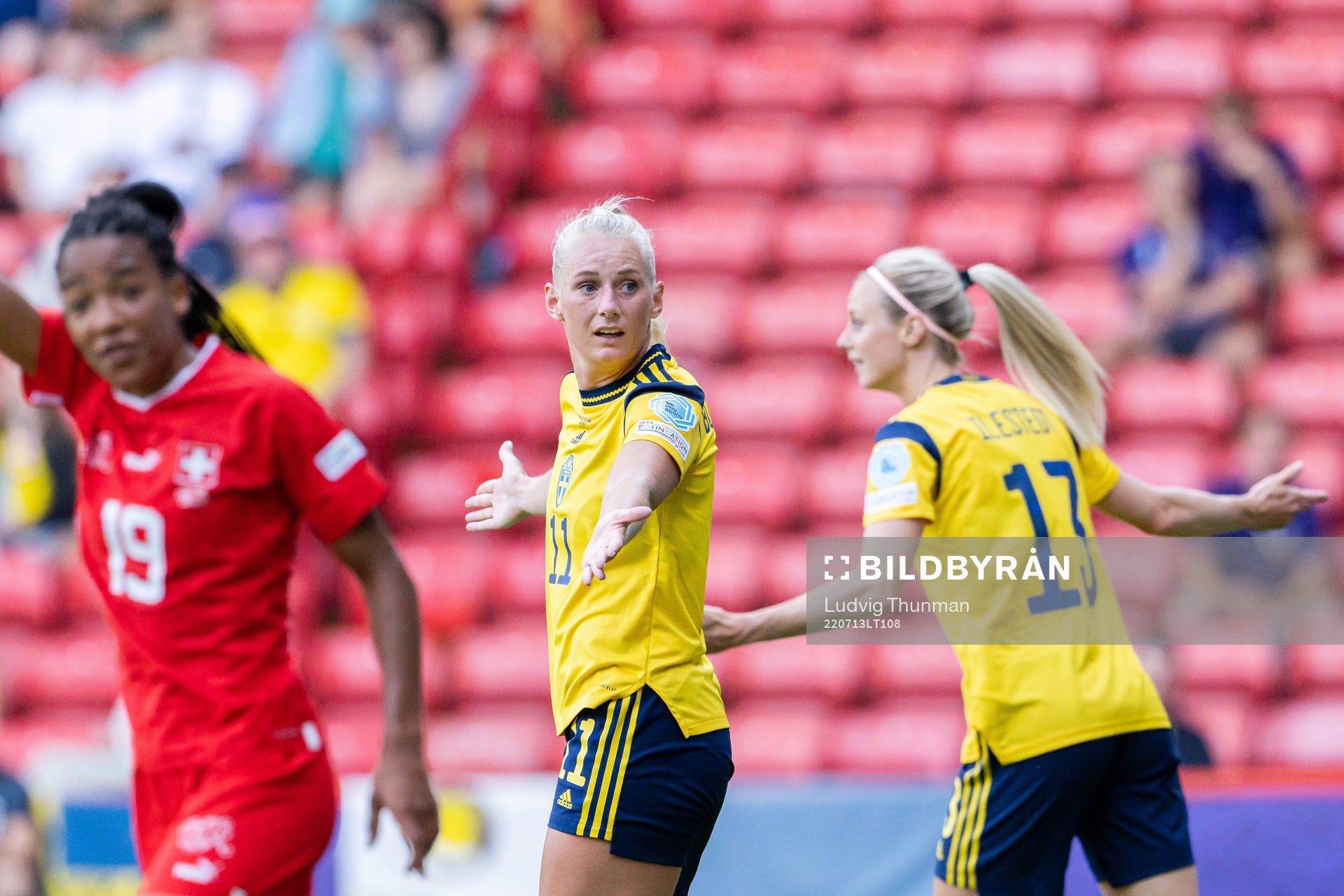 Stina Blackstenius and Amanda Ilestedt of Sweden reacts