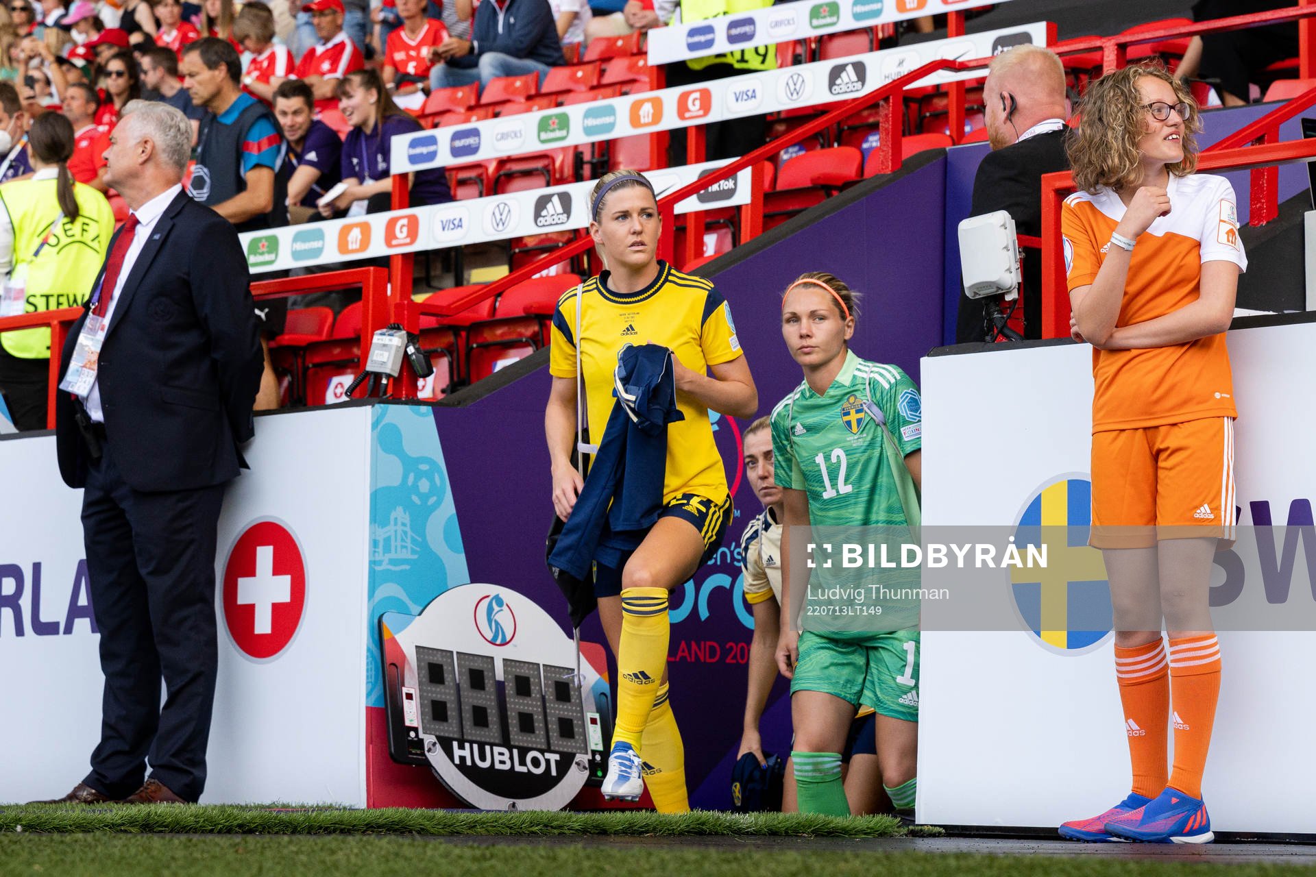 Olivia Schough and goalkeeper Jennifer Falk of Sweden