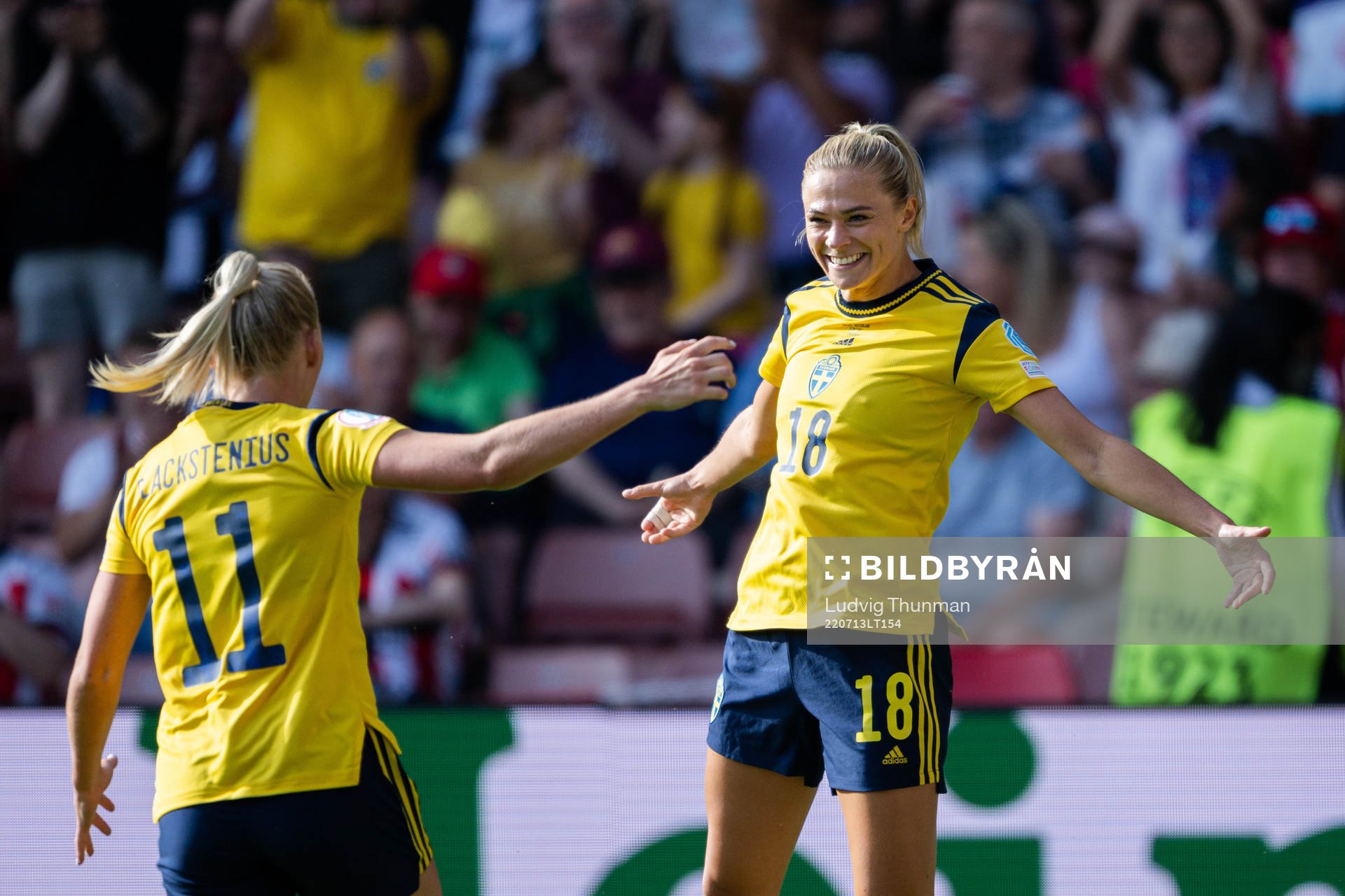 Stina Blackstenius and Fridolina Rolfö of Sweden celebrate