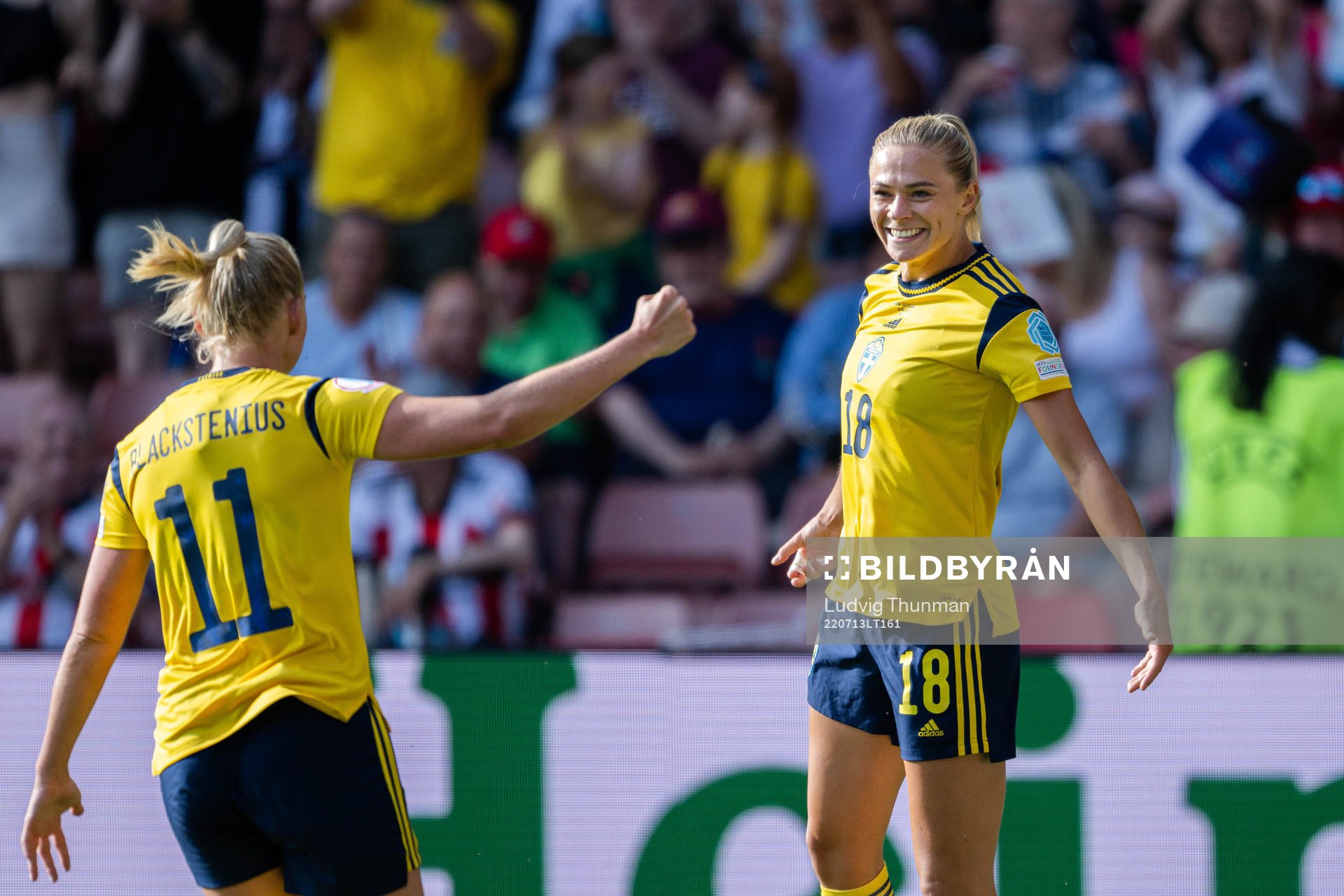 Stina Blackstenius and Fridolina Rolfö of Sweden celebrate