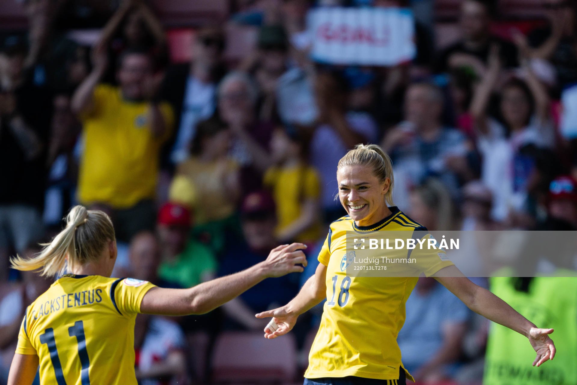 Stina Blackstenius and Fridolina Rolfö of Sweden celebrate