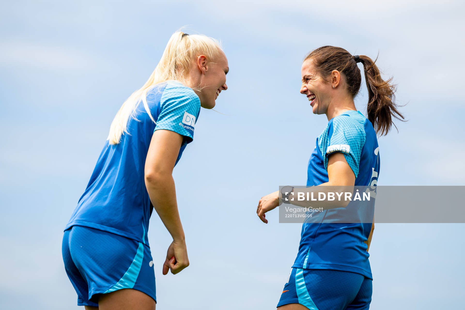 Maria Thorisdottir and Tuva Hansen of the Norwegian national football team at a training session during the UEFA Women's Euro 2022 Championship on July 13, 2022 in Brighton.