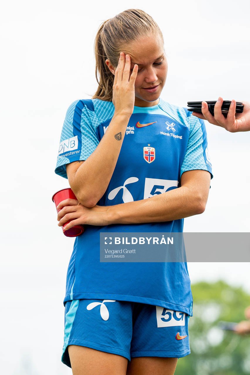 Guro Reiten of the Norwegian national football team at a press event during the UEFA Women's Euro 2022 Championship on July 13, 2022 in Brighton.