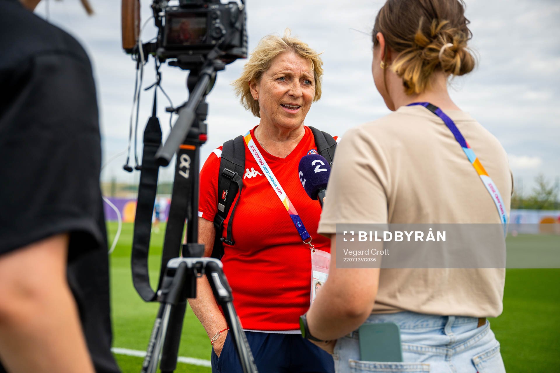 Marit Breivik, team sports coach of Olympiatoppen, is being interviewed by Christina Paulos, journalist of TV 2, at a press event with the Norwegian national football team during the UEFA Women's Euro 2022 Championship on July 13, 2022 in Brighton.