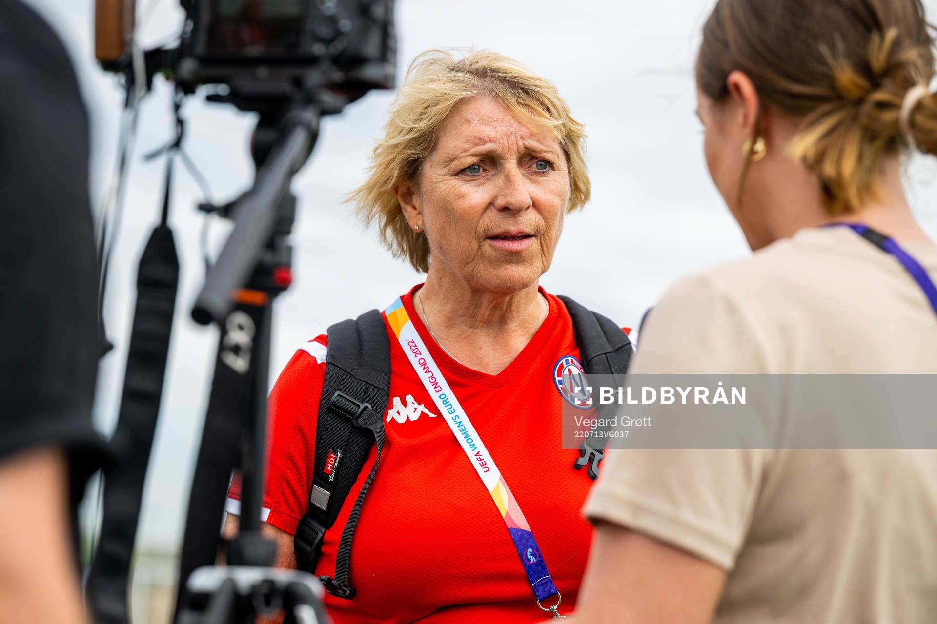 Marit Breivik, team sports coach of Olympiatoppen, is being interviewed by Christina Paulos, journalist of TV 2, at a press event with the Norwegian national football team during the UEFA Women's Euro 2022 Championship on July 13, 2022 in Brighton.
