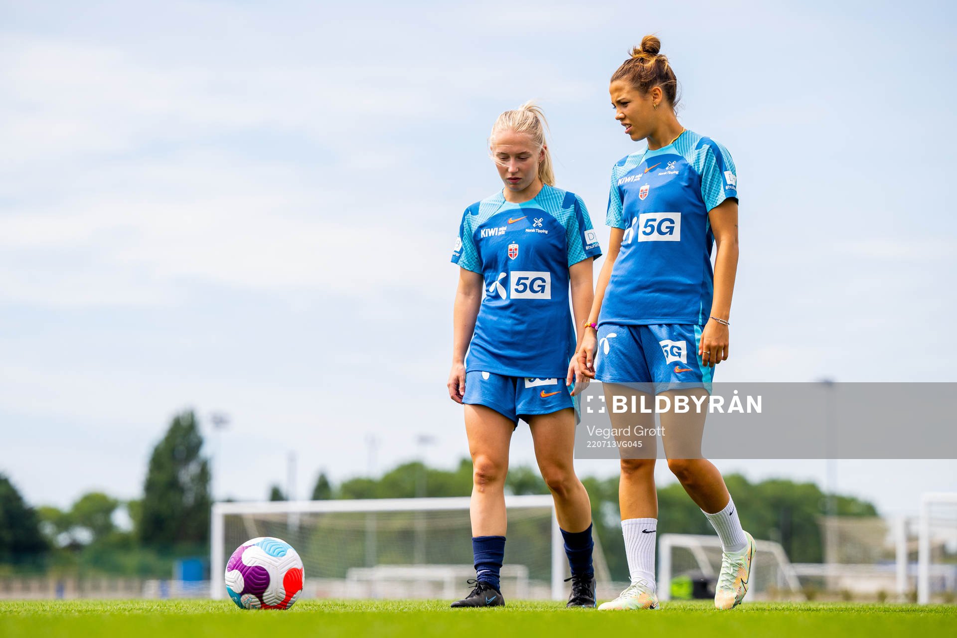 Thea Bjelde and Celin Bizet Ildhusøy of the Norwegian national football team at a training session during the UEFA Women's Euro 2022 Championship on July 13, 2022 in Brighton.