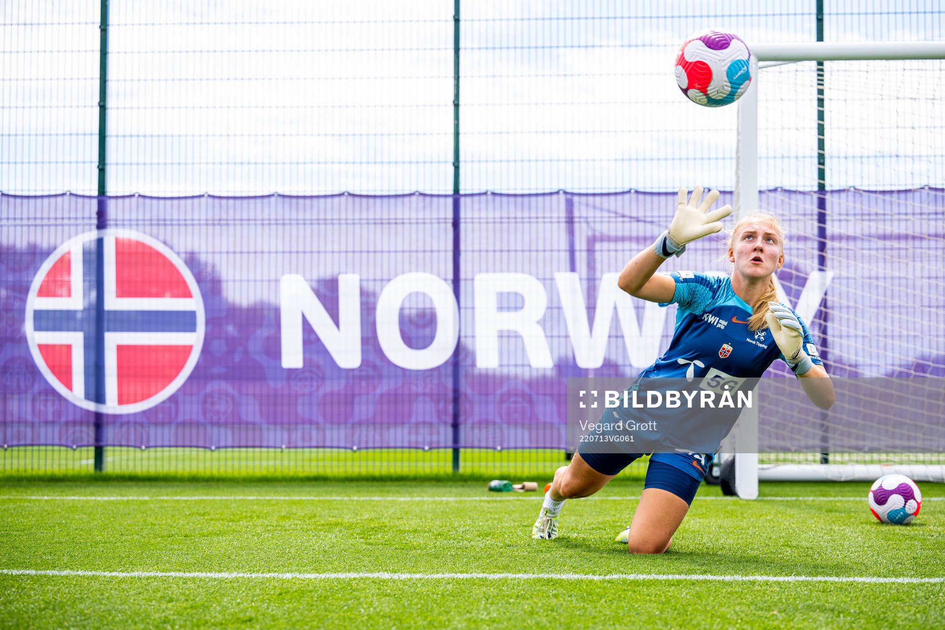 Goalkeeper Sunniva Skoglund of the Norwegian national football team at a training session during the UEFA Women's Euro 2022 Championship on July 13, 2022 in Brighton.