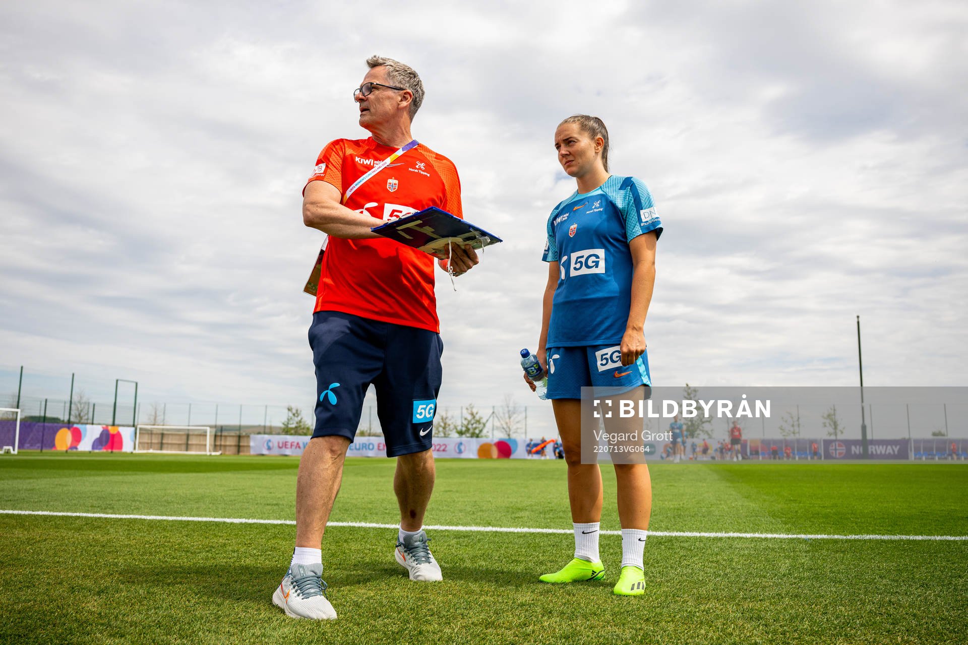 Halvor Lea, press officer, and Vilde Bøe Risa of the Norwegian national football team at a press event during the UEFA Women's Euro 2022 Championship on July 13, 2022 in Brighton.