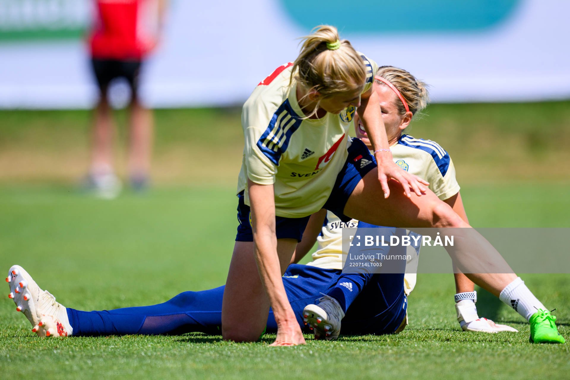 Sofia Jakobsson and goalkeeper Jennifer Falk of the Swedish