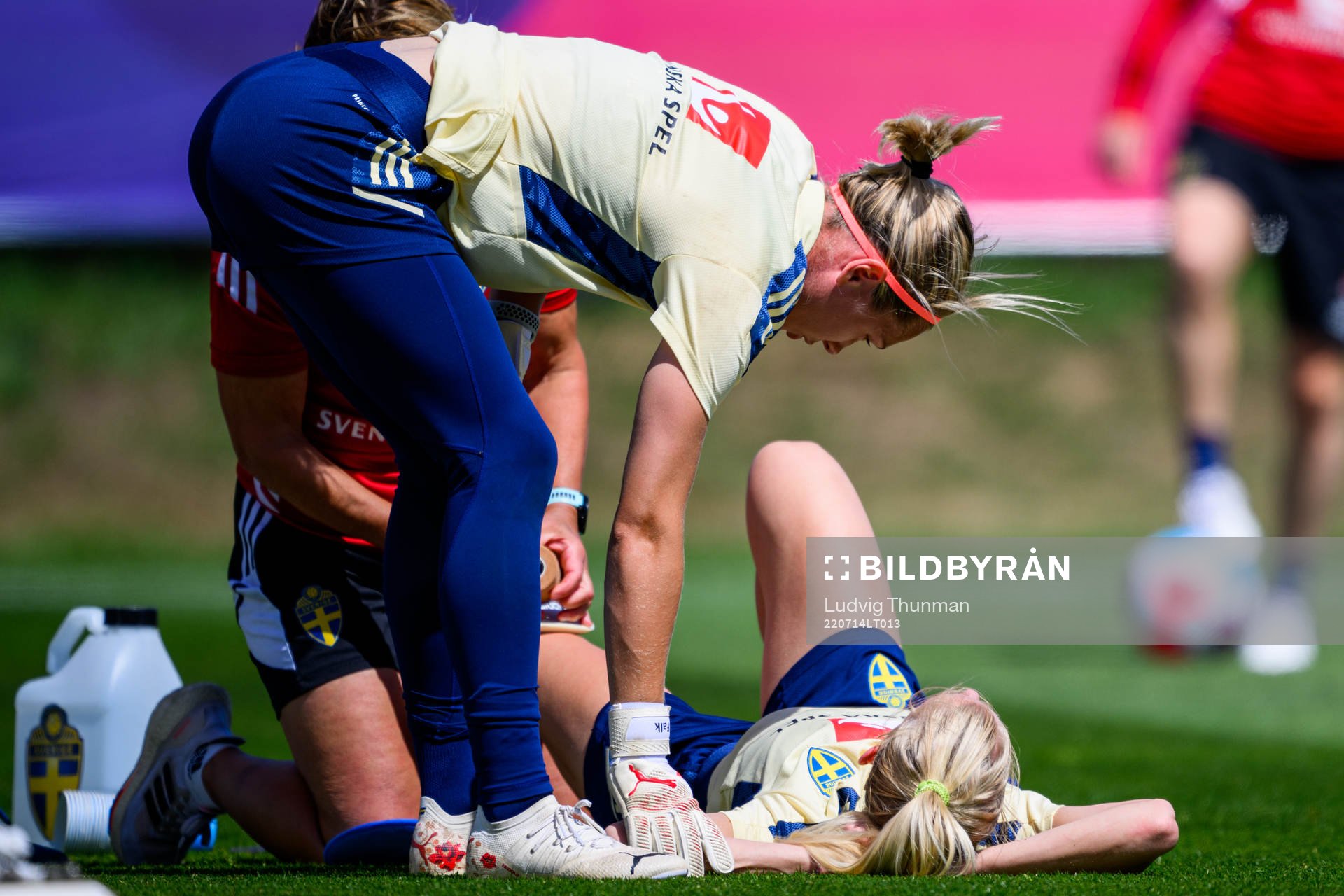 Goalkeeper Jennifer Falk and Sofia Jakobsson of the Swedish