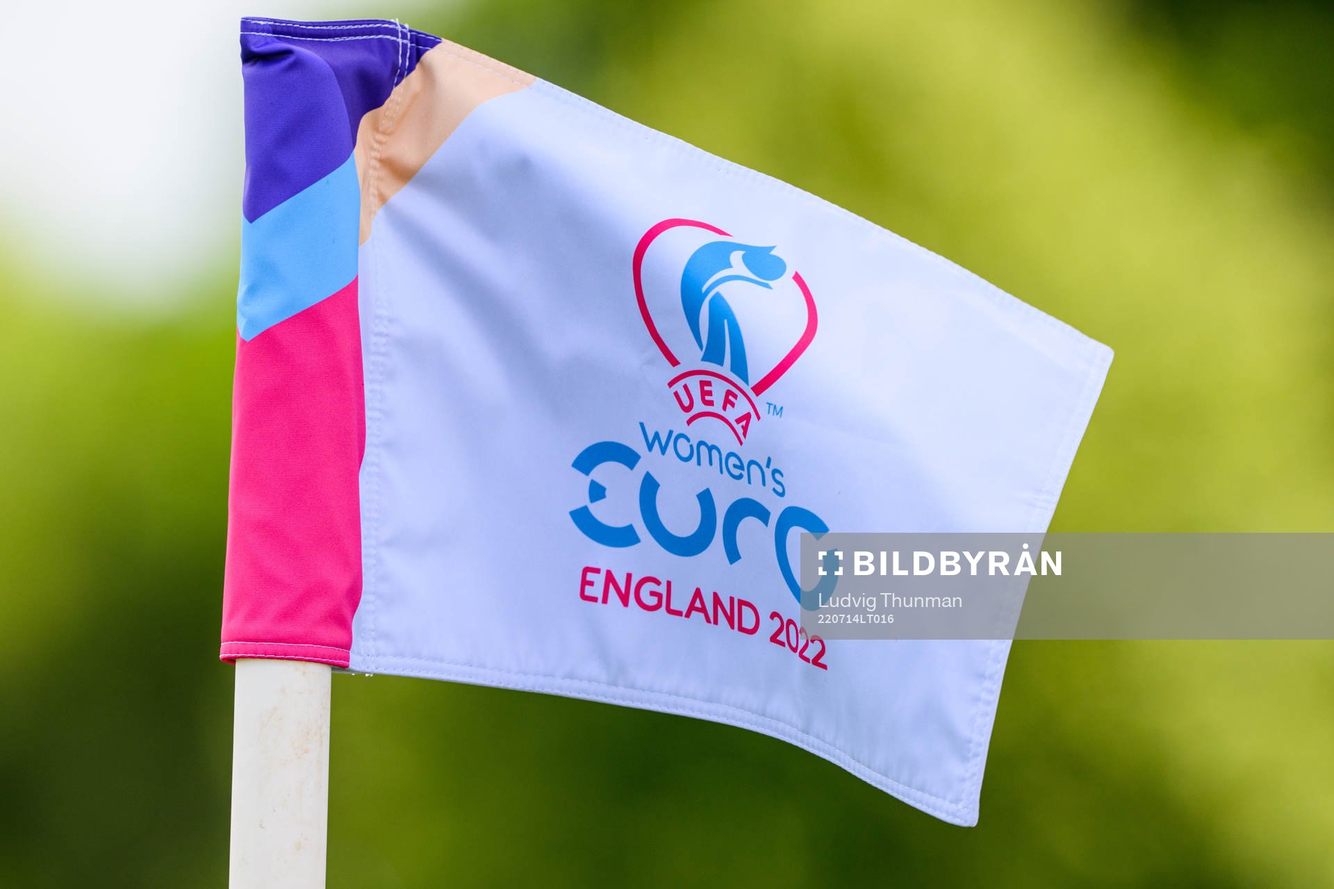 A corner flag shows the logo for the UEFA Women's Euro Championship 2022 at a training session during the UEFA Women's Euro 2022 Championship on July 14, 2022 in Chester.