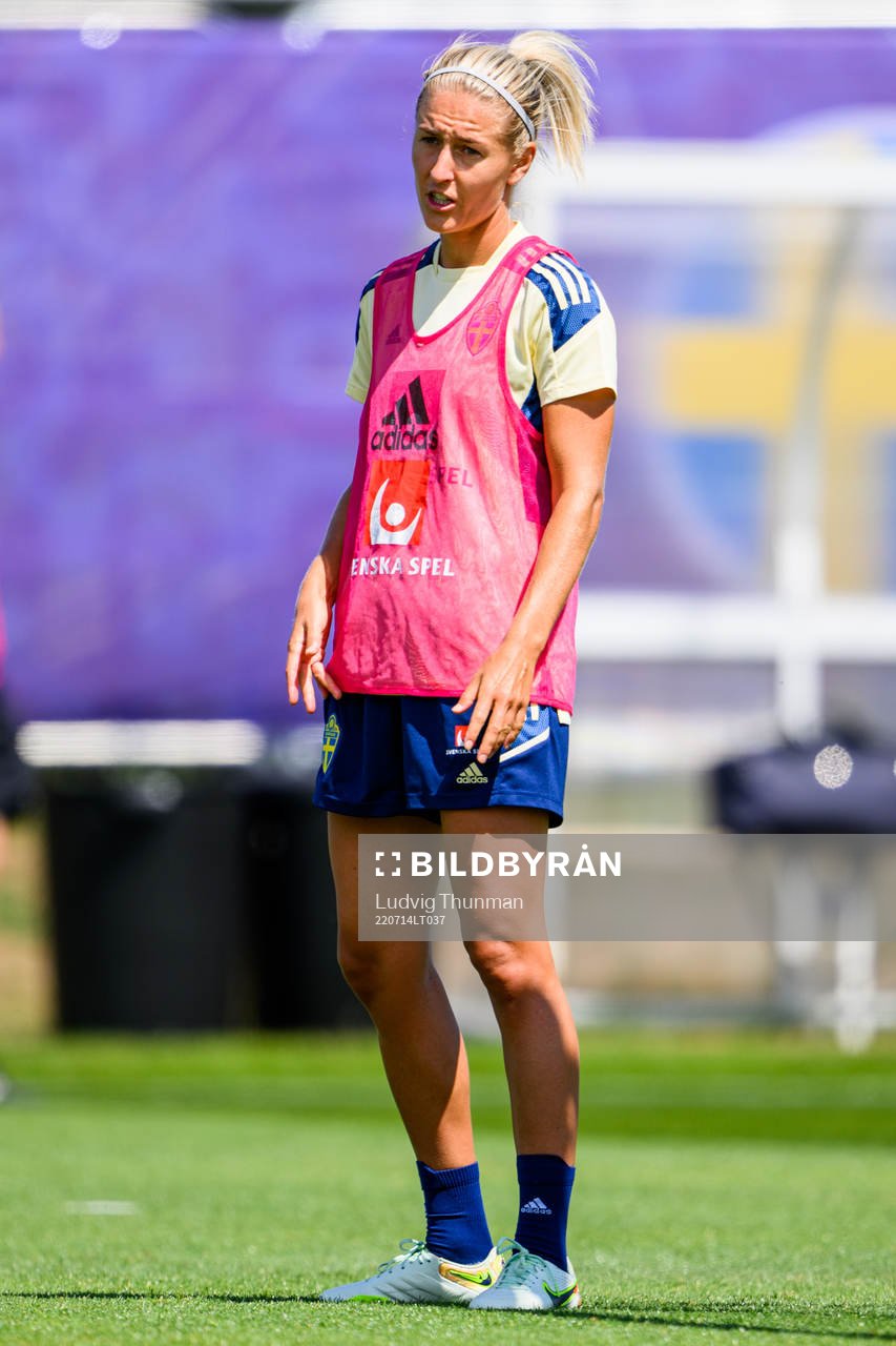 Emma Kullberg of the Swedish women's national football team at a training session during the UEFA Women's Euro 2022 Championship on July 14, 2022 in Chester.