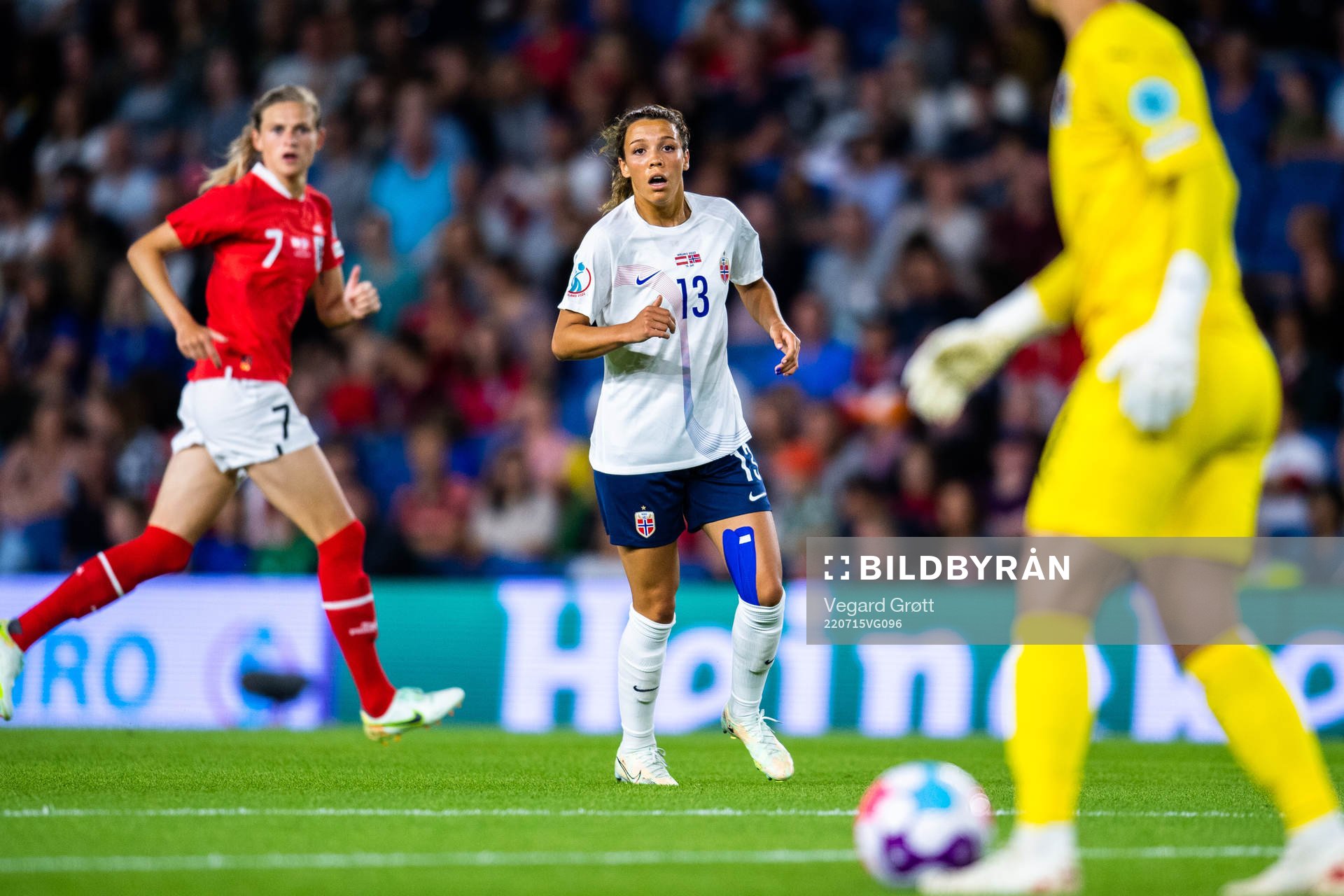 Celin Bizet Ildhusøy of Norway during the UEFA Women's Euro 2022 group stage match between Austria and Norway on July 15, 2022 in Brighton.