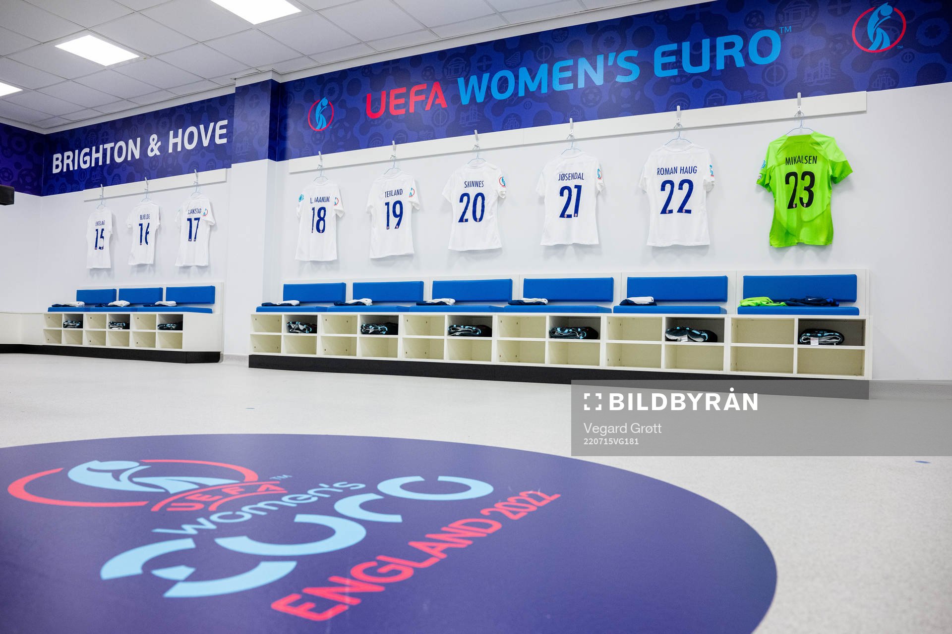 The kits of Elisabeth Terland, Synne Skinnes Hansen, Anna Jøsendal, Sophie Roman Haug and goalkeeper Aurora Mikalsen of Norway in the dressing room ahead of the UEFA Women's Euro 2022 group stage match between Austria and Norway on July 15, 2022 in Brighton.