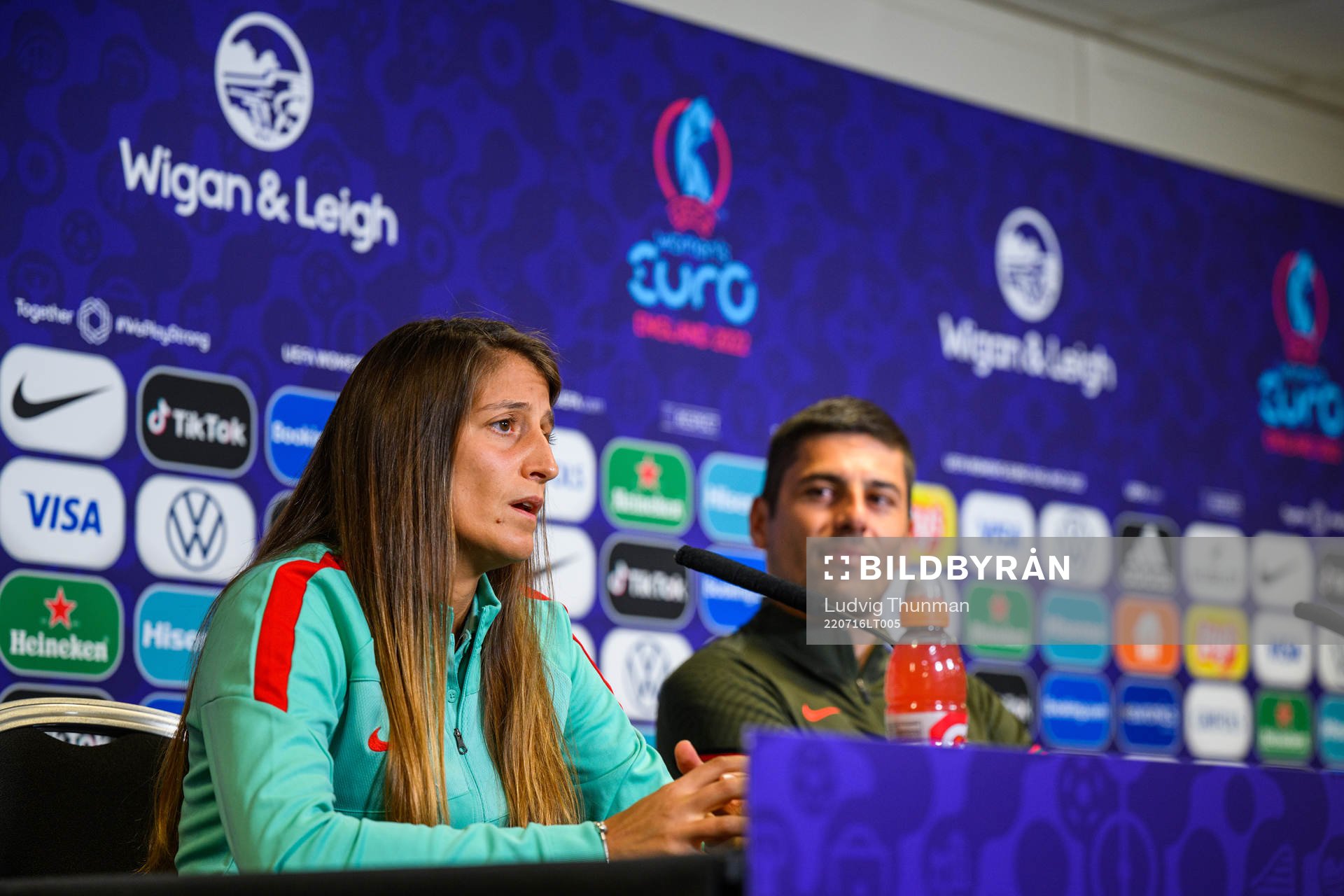 Sílvia Rebelo and Francisco Neto, head coach of the Portuguese women's national football team at a press conference during the UEFA Women's Euro 2022 Championship on July 16, 2022 in Leigh.