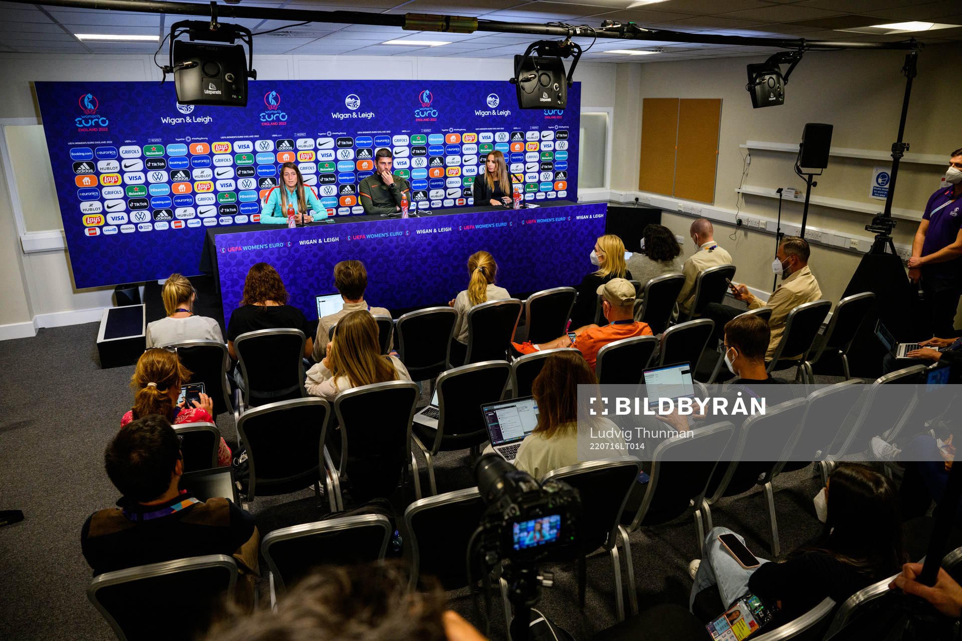 Sílvia Rebelo and Francisco Neto, head coach of the Portuguese women's national football team at a press conference during the UEFA Women's Euro 2022 Championship on July 16, 2022 in Leigh.