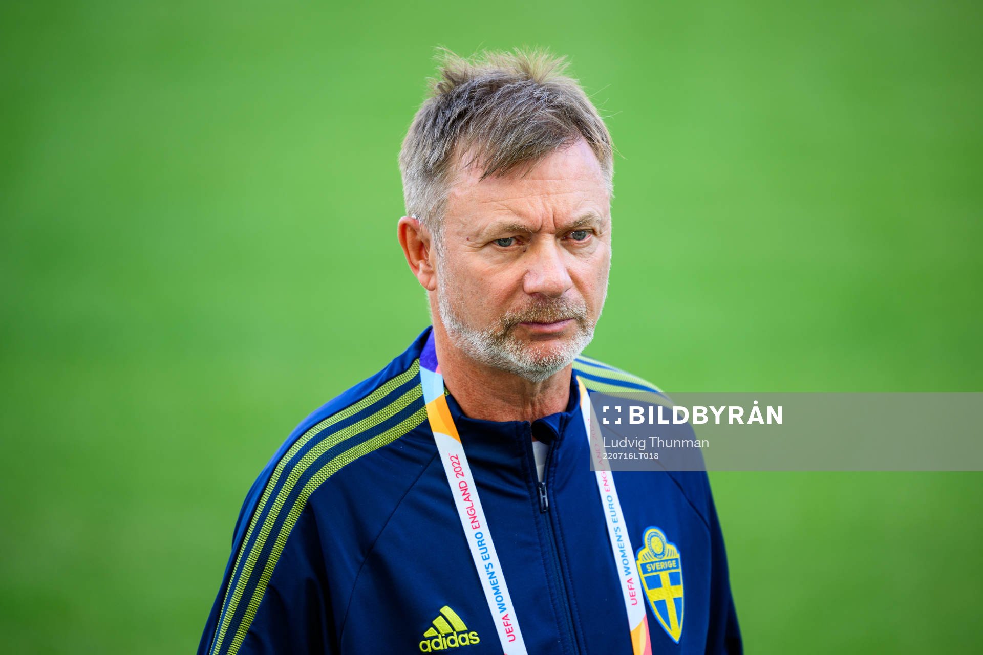 Peter Gerhardsson, head coach of the Swedish women's national football team ahead of a press conference during the UEFA Women's Euro 2022 Championship on July 16, 2022 in Leigh. 