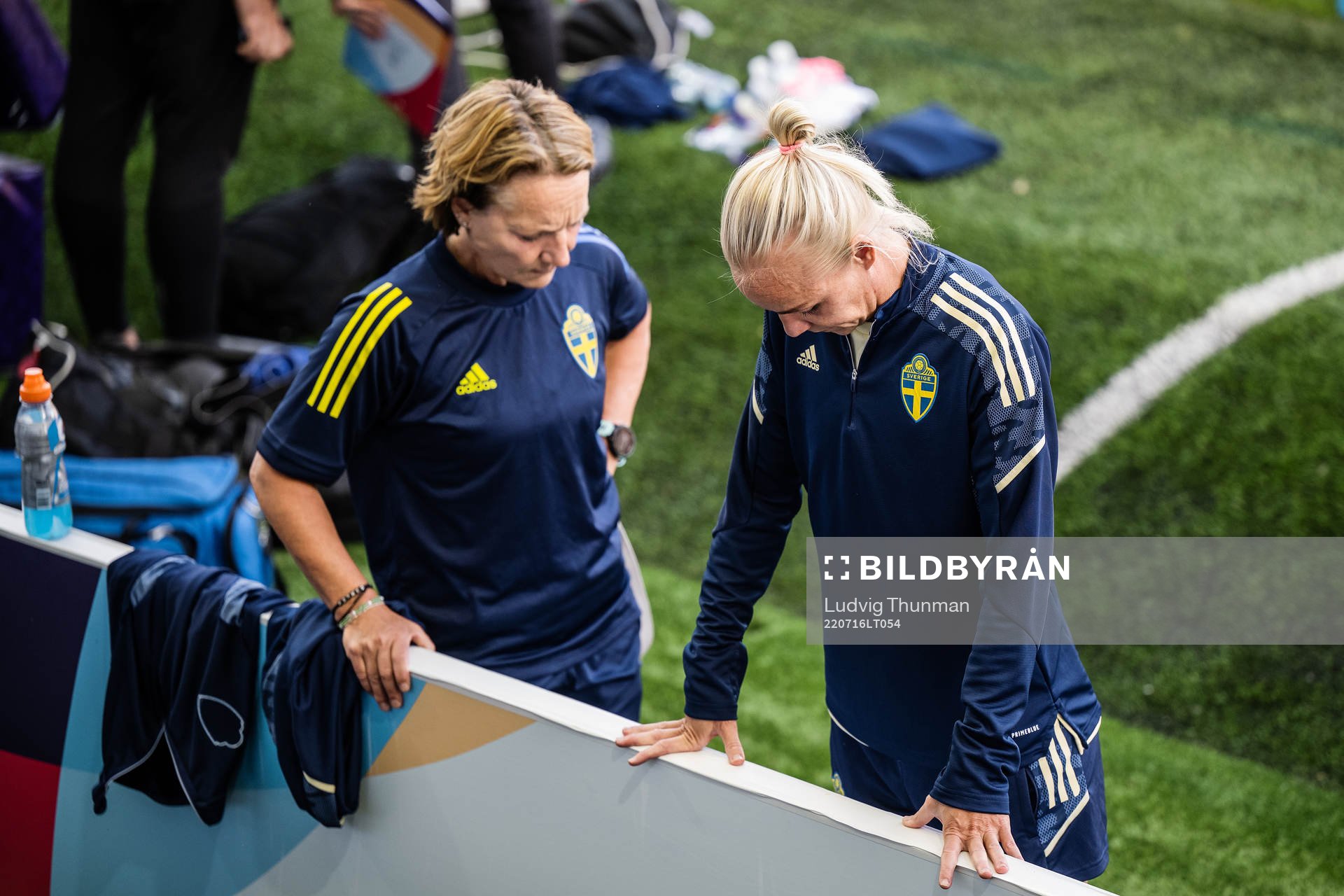 Annica Näsmark, physio and Caroline Seger of the Swedish women's national football team at a training session during the UEFA Women's Euro 2022 Championship on July 16, 2022 in Leigh.