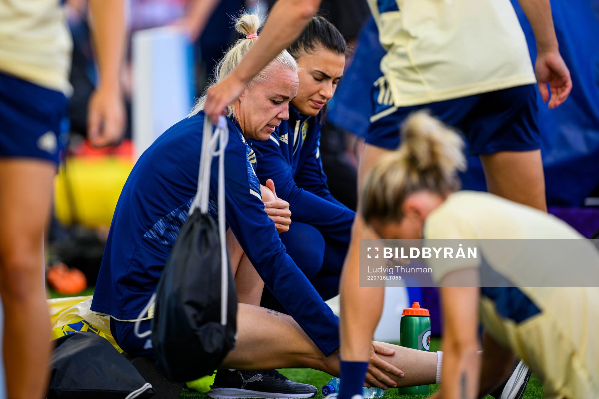 Caroline Seger and goalkeeper Zecira Musovic of the Swedish