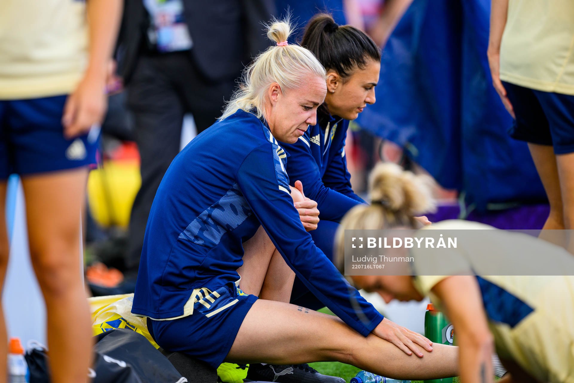 Caroline Seger and goalkeeper Zecira Musovic of the Swedish