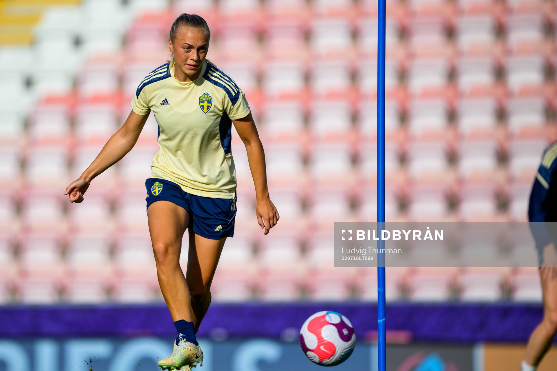Hanna Bennison of the Swedish women's national football team at a training session during the UEFA Women's Euro 2022 Championship on July 16, 2022 in Leigh.