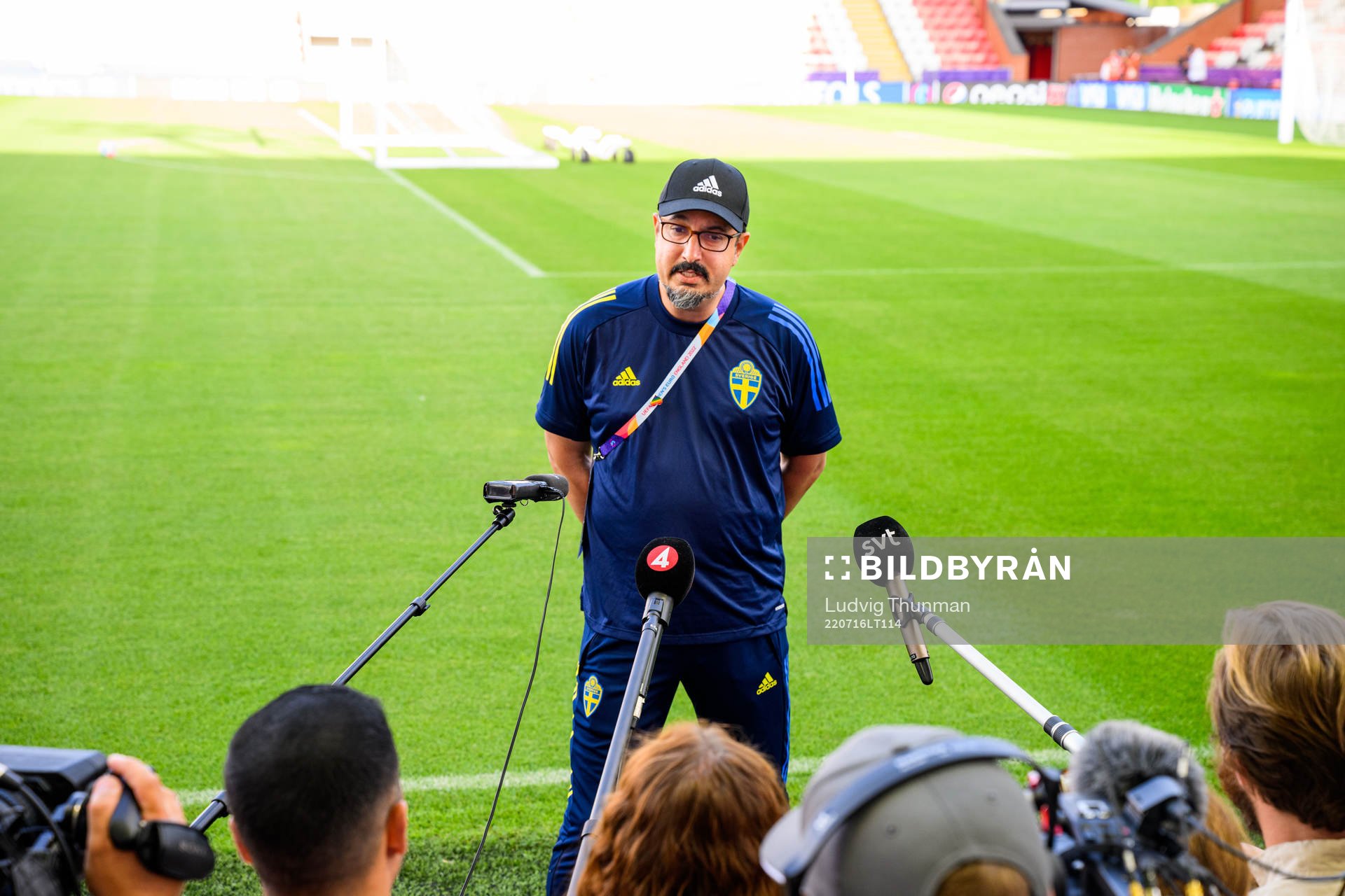 Houman Ebrahimi, doctor of the Swedish women's national football team is interviewed by the media at a training session during the UEFA Women's Euro 2022 Championship on July 16, 2022 in Leigh. 