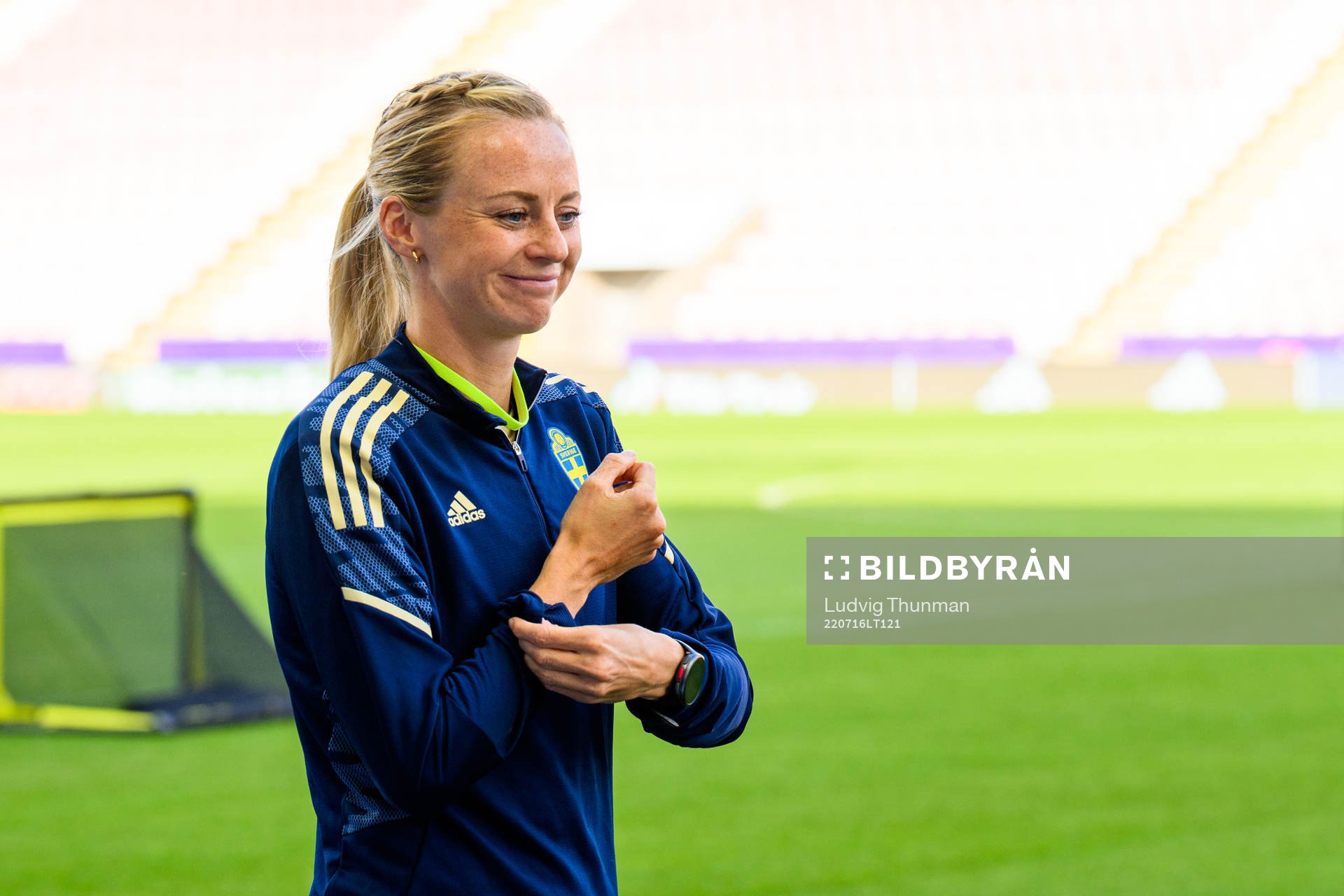 Amanda Ilestedt of the Swedish women's national football team at a training session during the UEFA Women's Euro 2022 Championship on July 16, 2022 in Leigh.