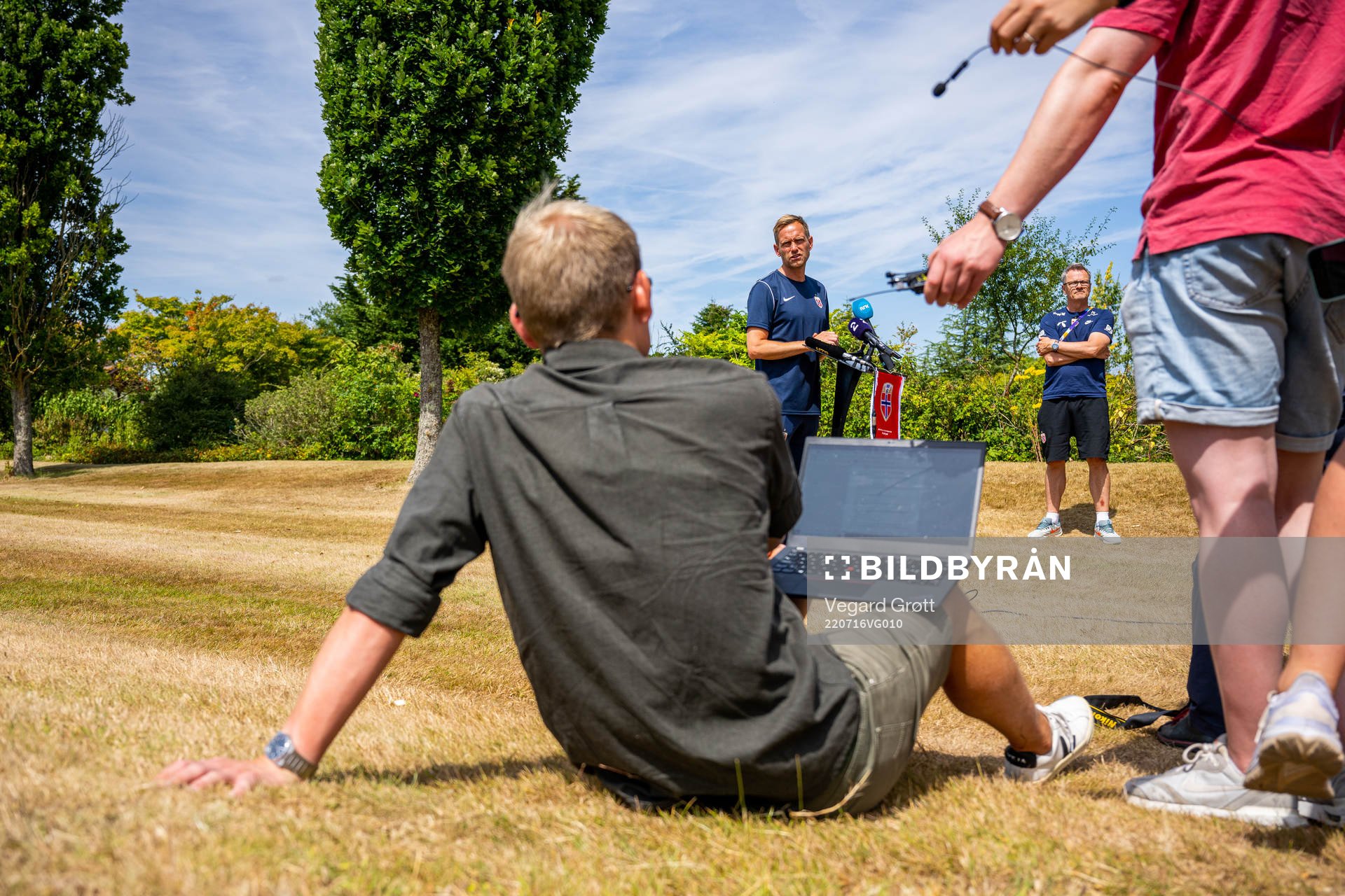 Martin Sjögren, head coach of the Norwegian national football team, and Halvor Lea, press officer, at a press event during the UEFA Women's Euro 2022 Championship on July 16, 2022 in Uckfield.