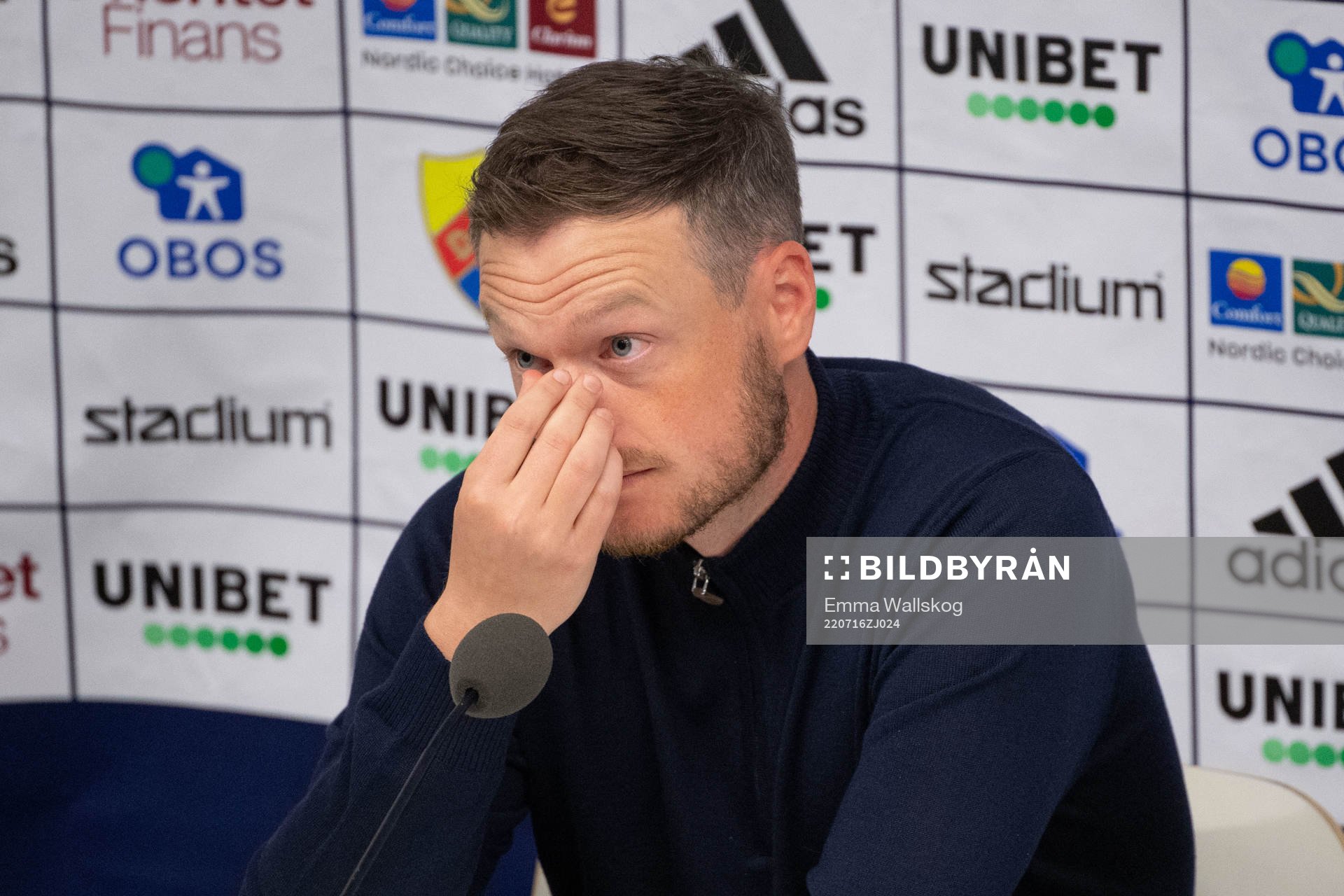 Värnamos tränare Kim Hellberg under en presskonferens efter fotbollsmatchen i Allsvenskan mellan Djurgården och Värnamo den 16 juli 2022 i Stockholm.