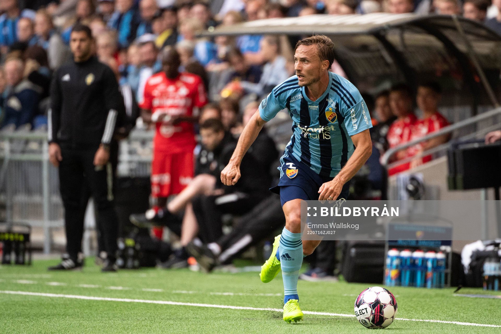 Djurgårdens Pierre Bengtsson under fotbollsmatchen i Allsvenskan mellan Djurgården och Värnamo den 16 juli 2022 i Stockholm. 