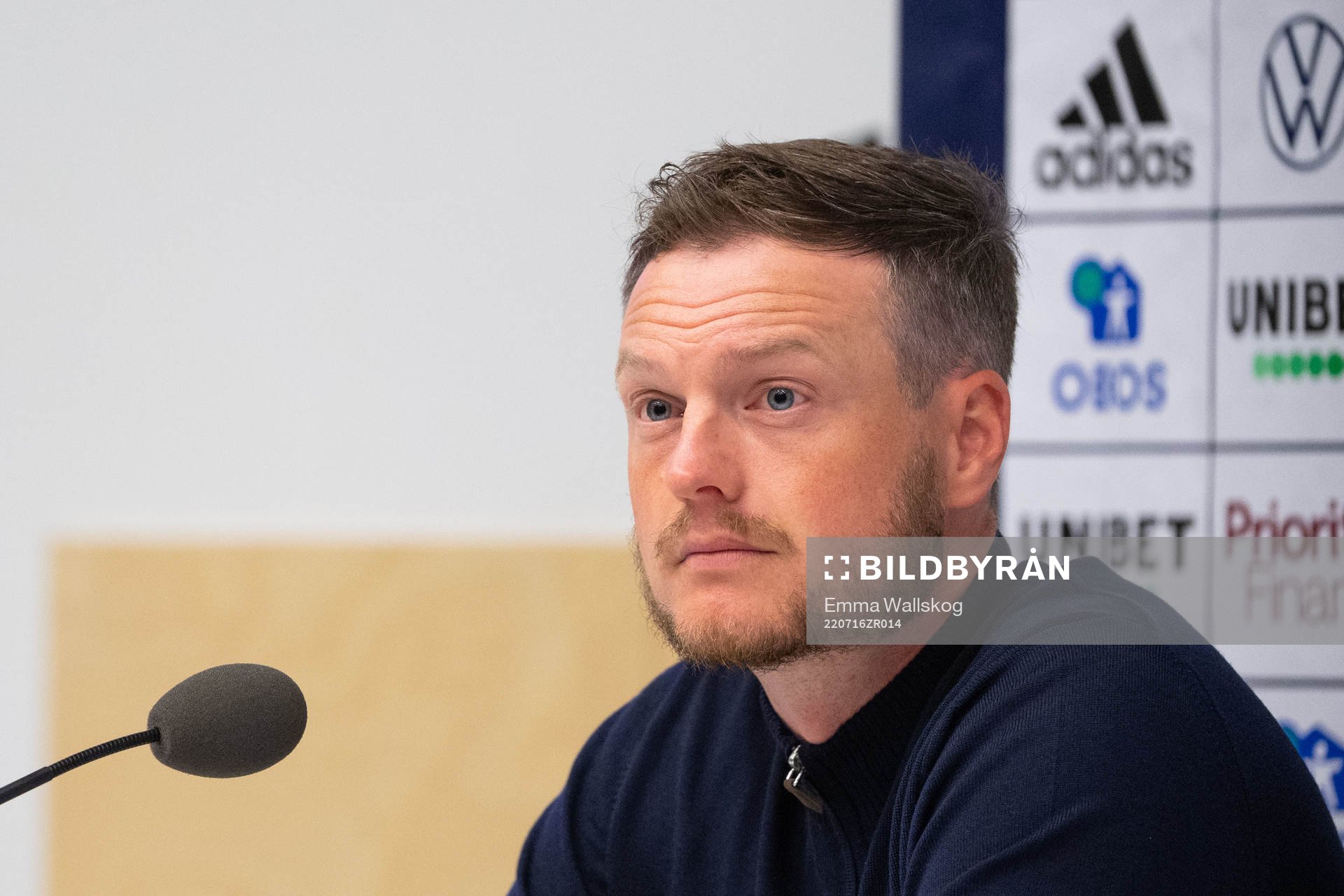 Värnamos tränare Kim Hellberg under en presskonferens efter fotbollsmatchen i Allsvenskan mellan Djurgården och Värnamo den 16 juli 2022 i Stockholm.