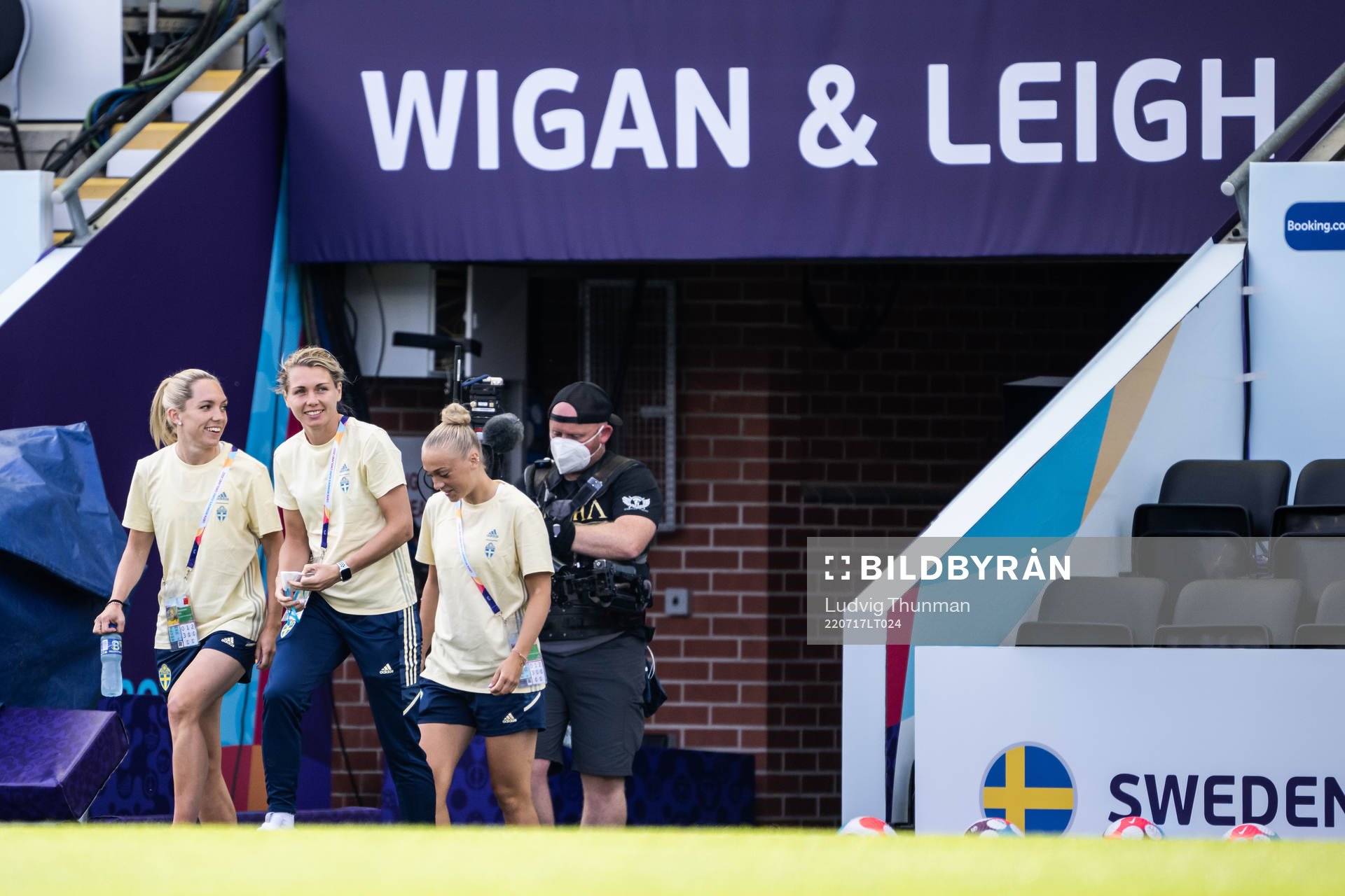 Elin Rubensson, goalkeeper Jennifer Falk and Hanna Bennison of Sweden ahead of the UEFA Women's Euro 2022 group stage match between Sweden and Portugal on July 17, 2022 in Leigh.