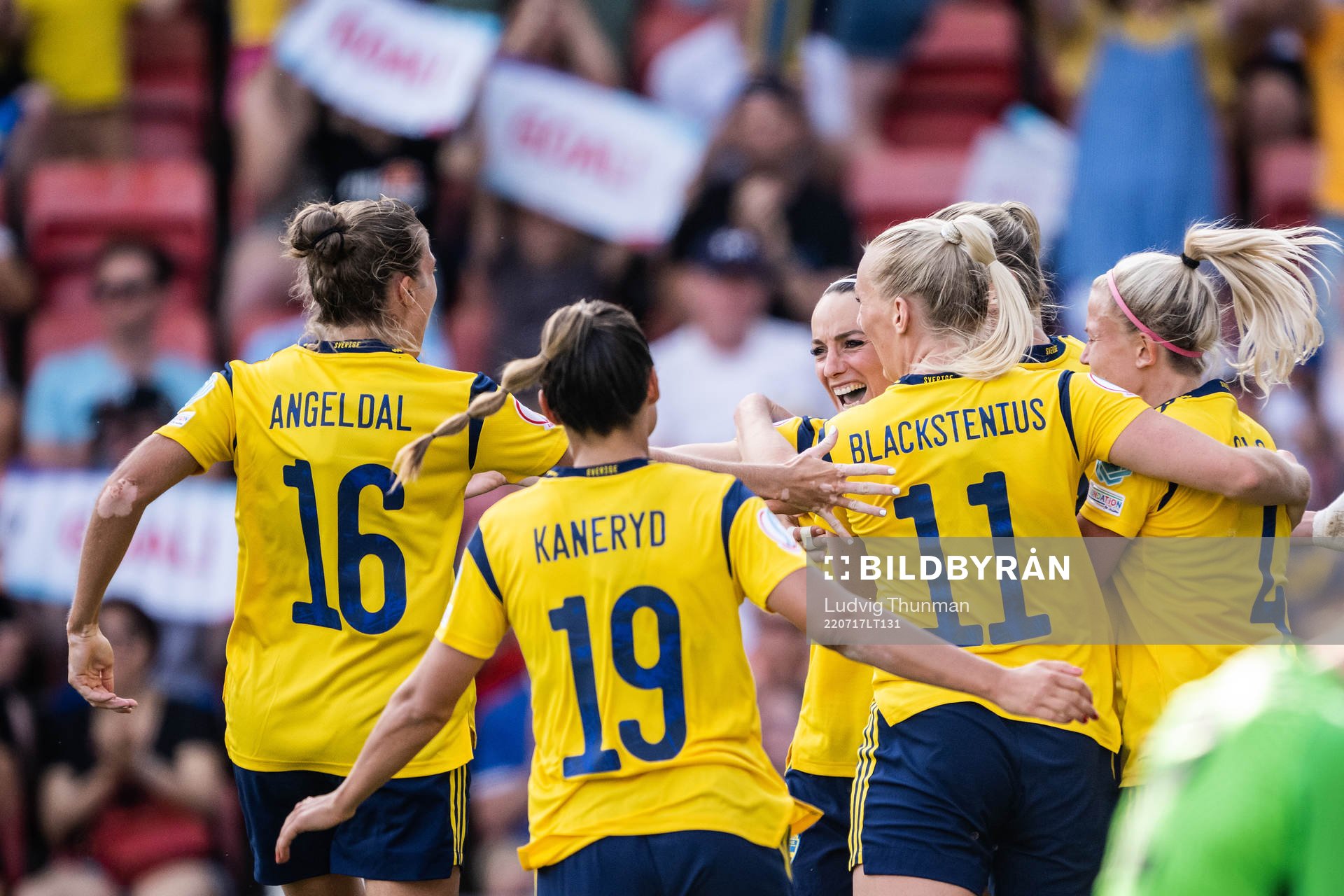 Kosovare Asllani of Sweden celebrates after scoring 4-0 during the UEFA Women's Euro 2022 group stage match between Sweden and Portugal on July 17, 2022 in Leigh.