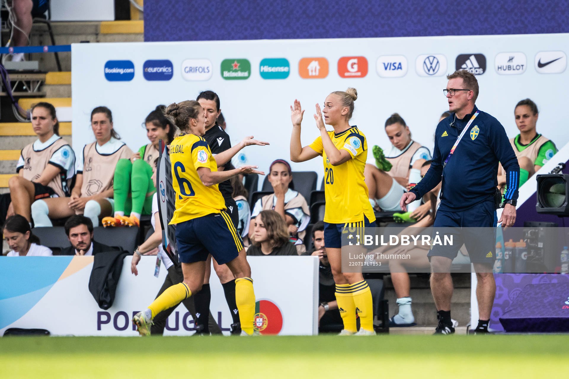Filippa Angeldahl is substituted for Hanna Bennison of Sweden during the UEFA Women's Euro 2022 group stage match between Sweden and Portugal on July 17, 2022 in Leigh.