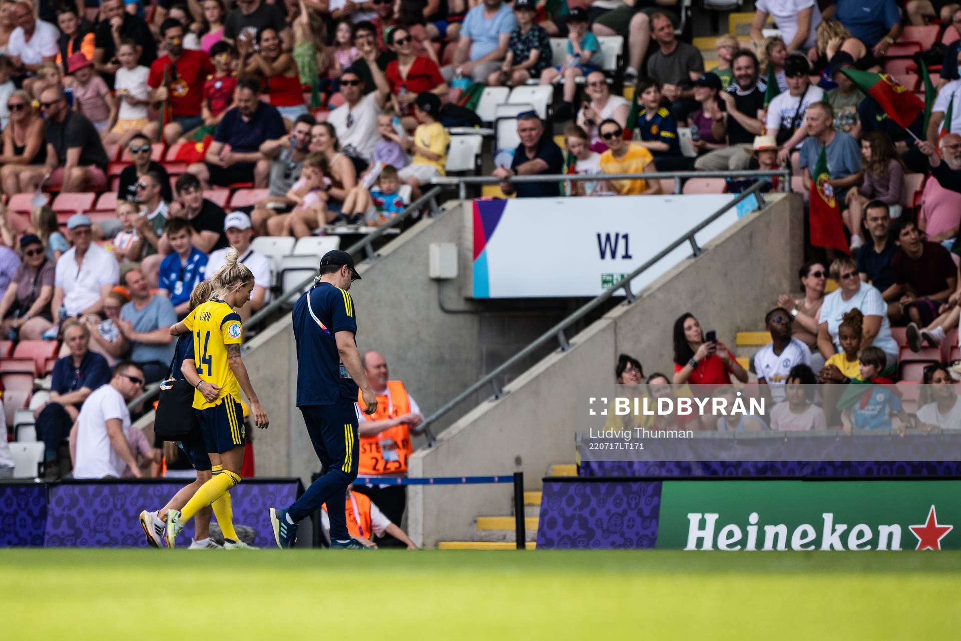Nathalie Björn of Sweden leaves the pitch during the UEFA Women's Euro 2022 group stage match between Sweden and Portugal on July 17, 2022 in Leigh.