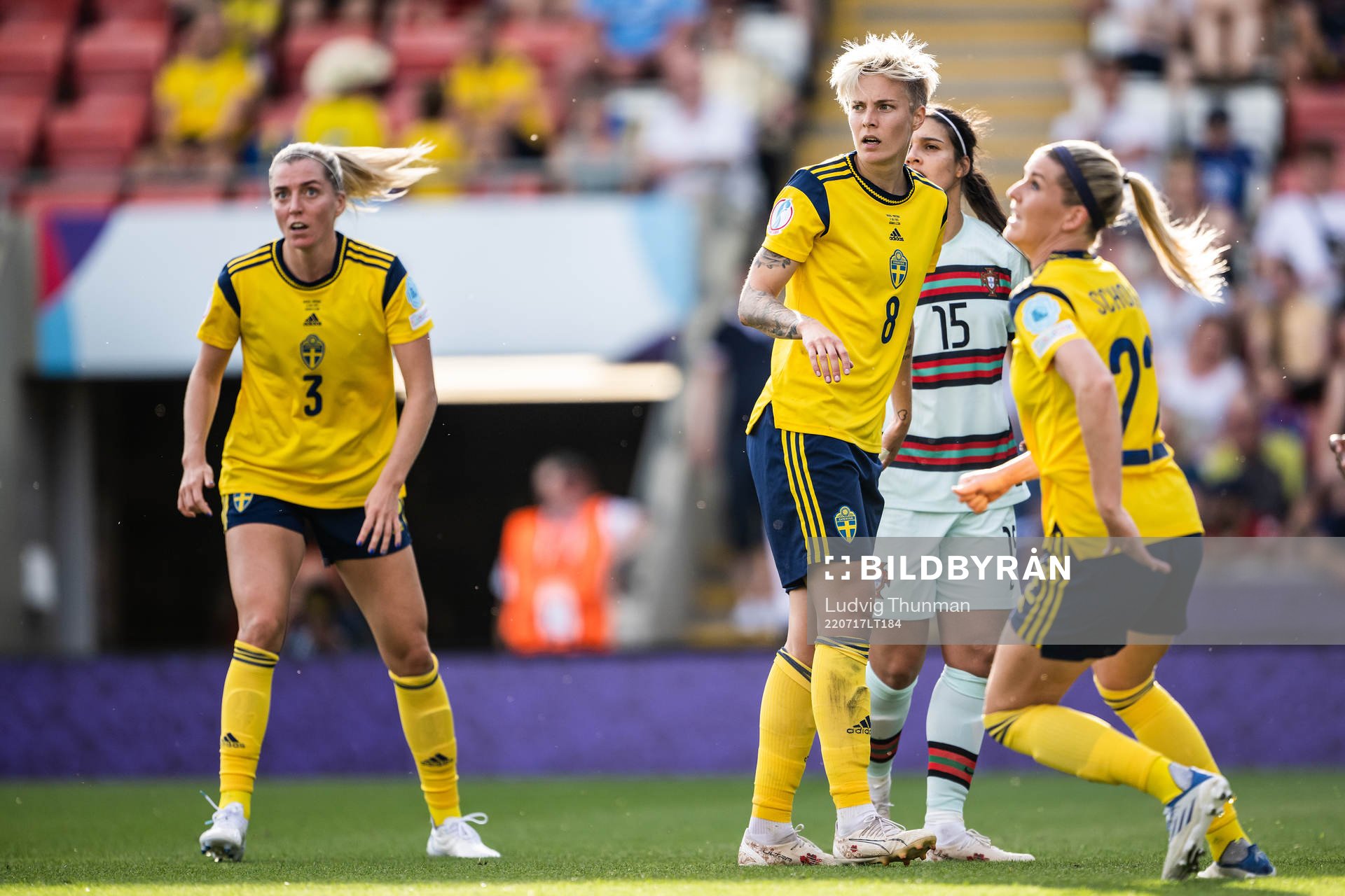 Lina Hurtig of Sweden during the UEFA Women's Euro 2022 group stage match between Sweden and Portugal on July 17, 2022 in Leigh. 